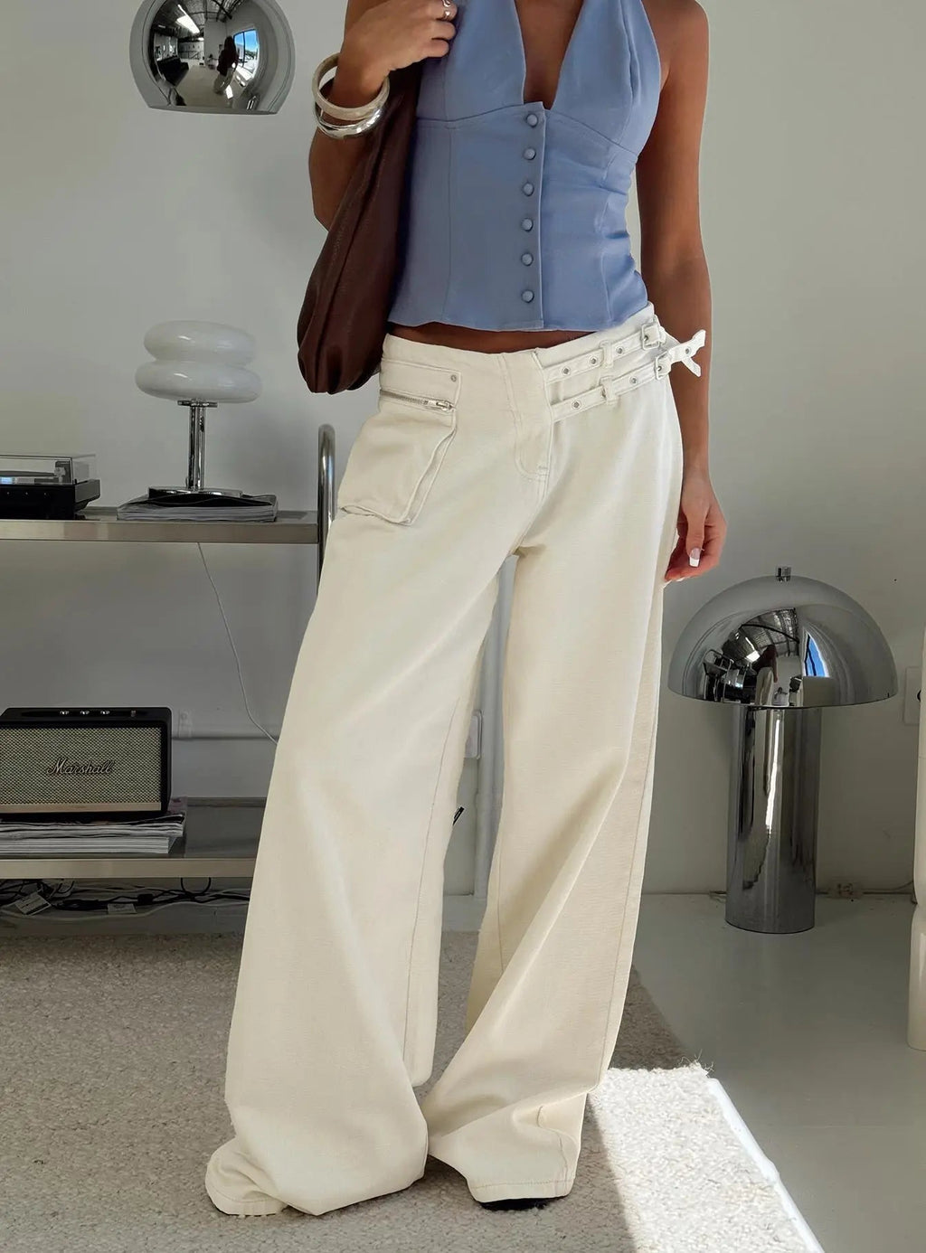 Women's Paltrow Mid Rise Wide Leg Cargo Jeans Cream Petite | Princess Polly Petite 7