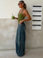 Women's Paltrow Mid Rise Wide Leg Cargo Jeans Mid Blue Wash | Belted cargo mid-rise denim pants 0