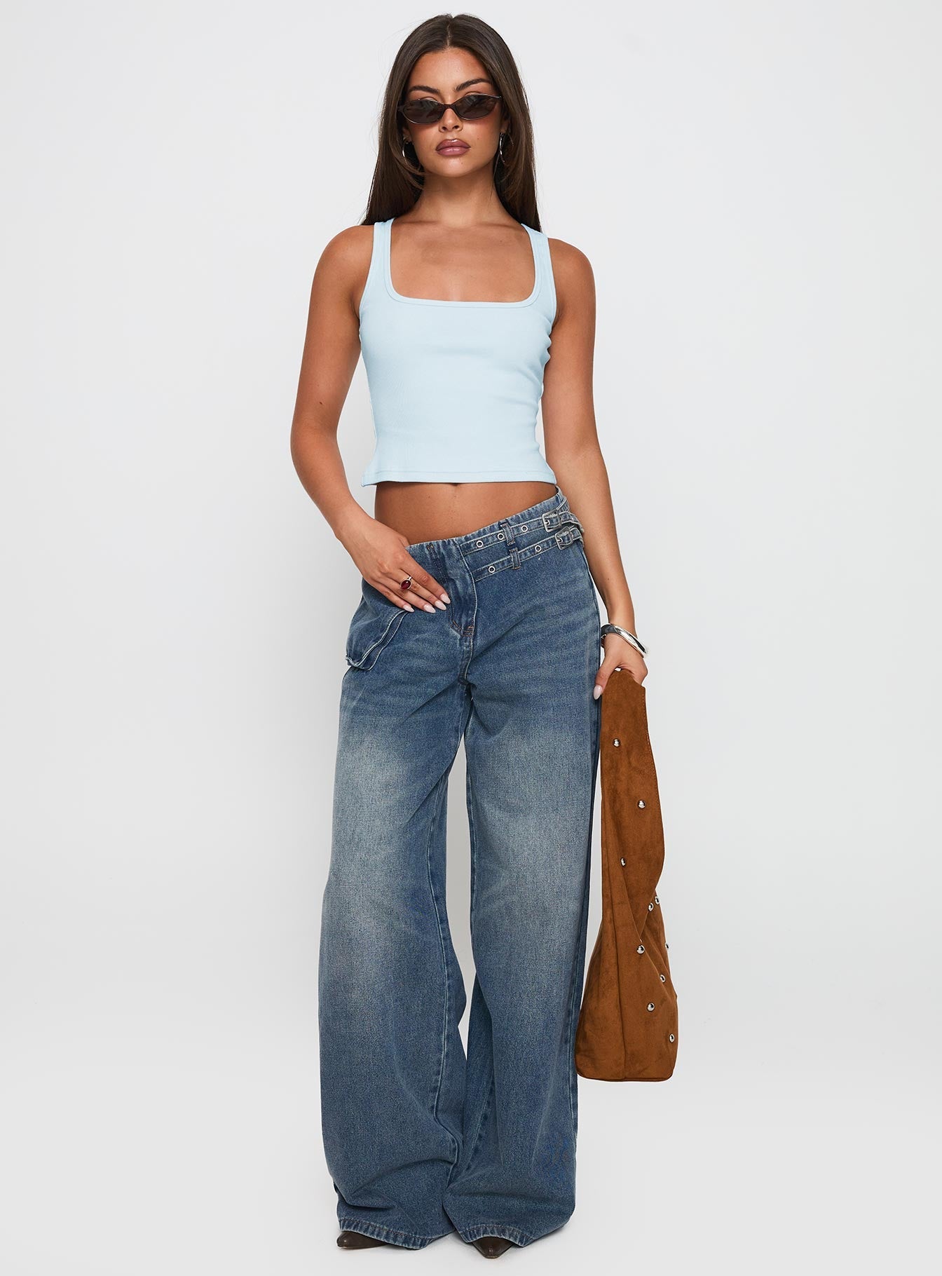 Women's Paltrow Mid Rise Wide Leg Cargo Jeans Mid Blue Wash | Belted cargo mid-rise denim pants 1