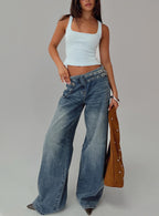 Women's Paltrow Mid Rise Wide Leg Cargo Jeans Mid Blue Wash | Belted cargo mid-rise denim pants 7