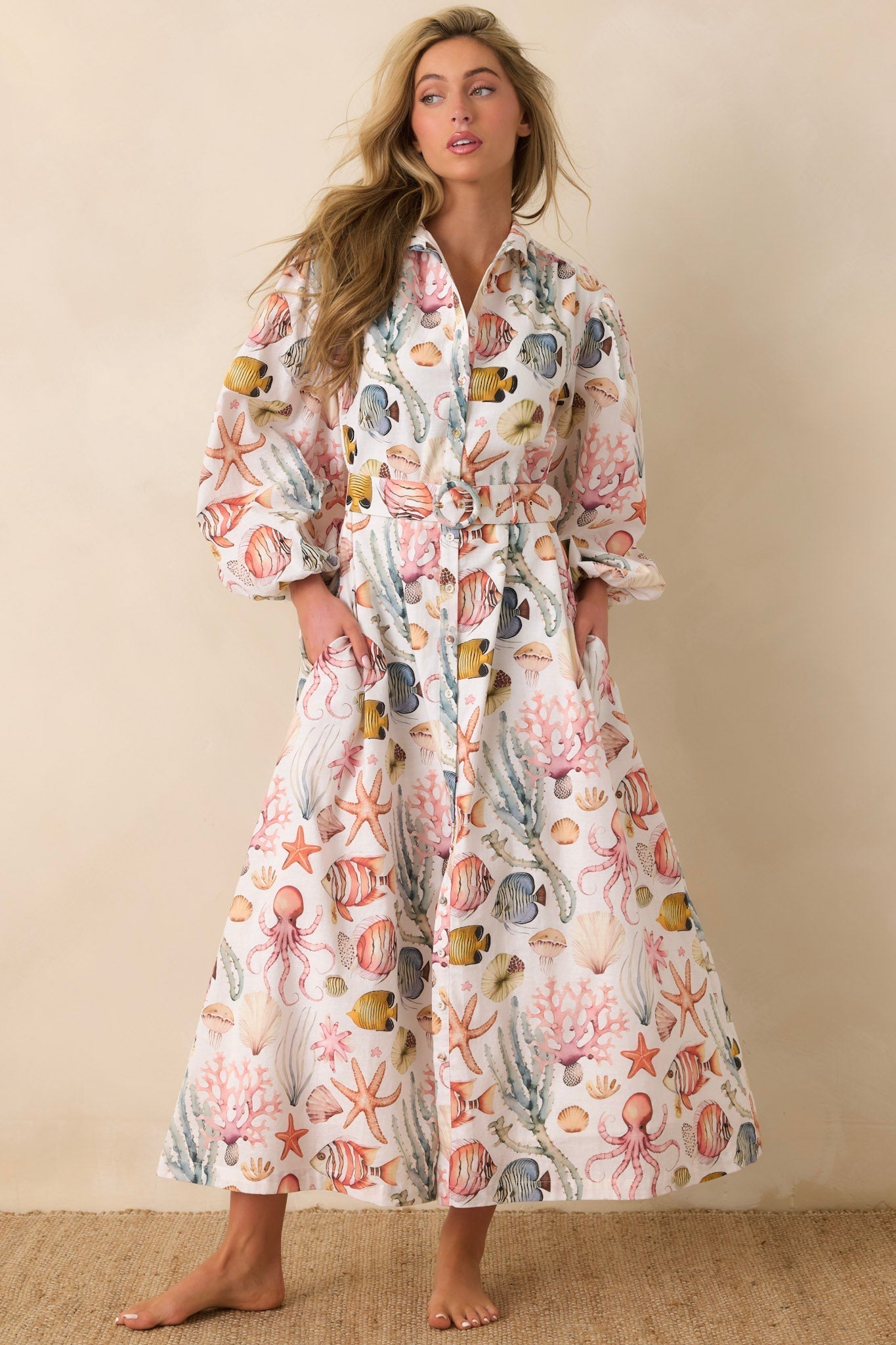 Women's Paradisa Anna Maria Multi Linen Coastal Print Maxi Dress | 55% Linen & 45% Cotton 0