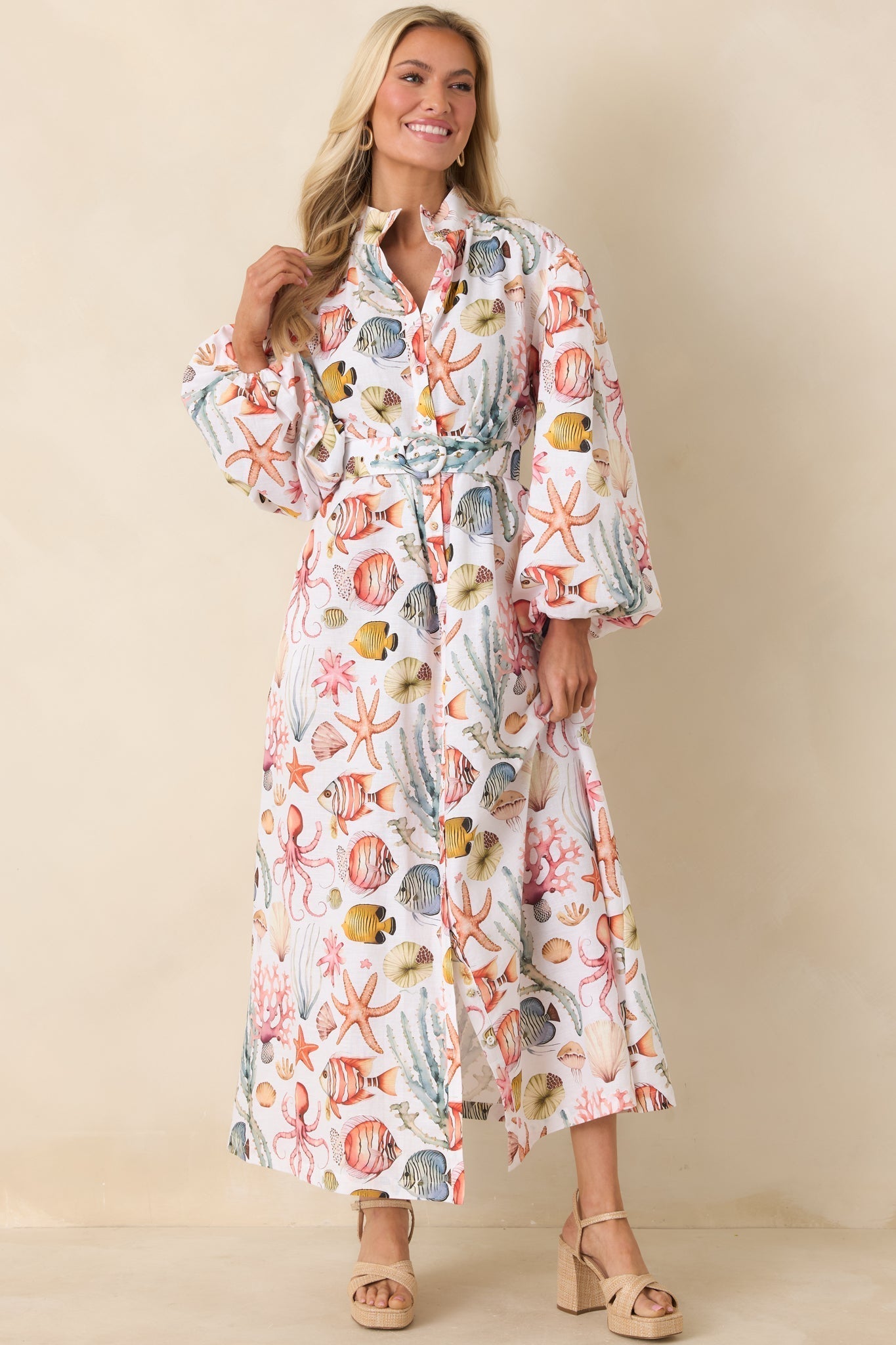Women's Paradisa Anna Maria Multi Linen Coastal Print Maxi Dress | 55% Linen & 45% Cotton 3