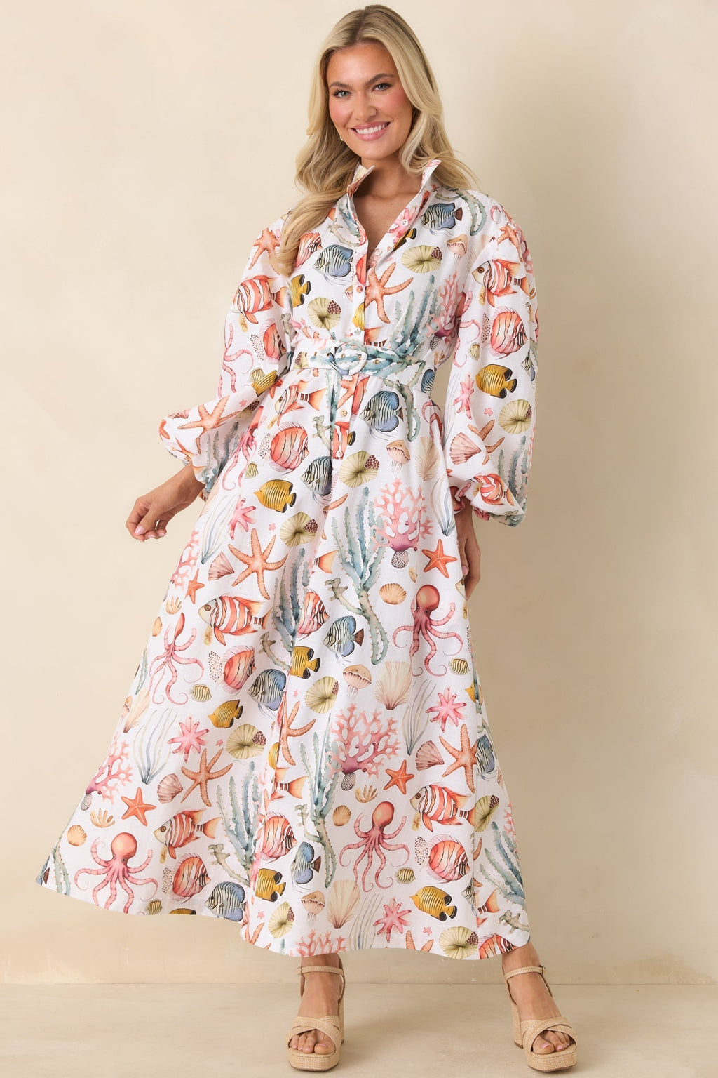Women's Paradisa Anna Maria Multi Linen Coastal Print Maxi Dress | 55% Linen & 45% Cotton 4