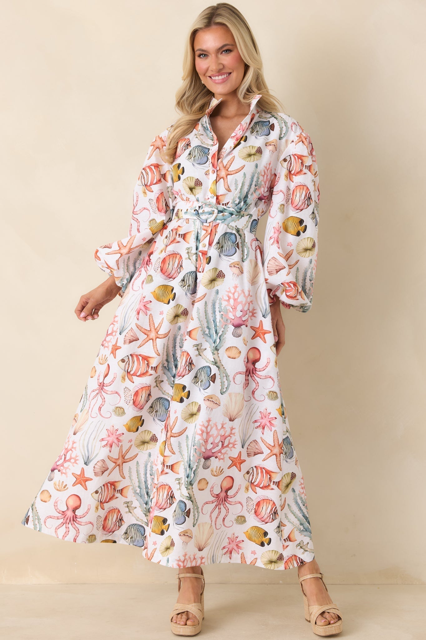 Women's Paradisa Anna Maria Multi Linen Coastal Print Maxi Dress | 55% Linen & 45% Cotton 4