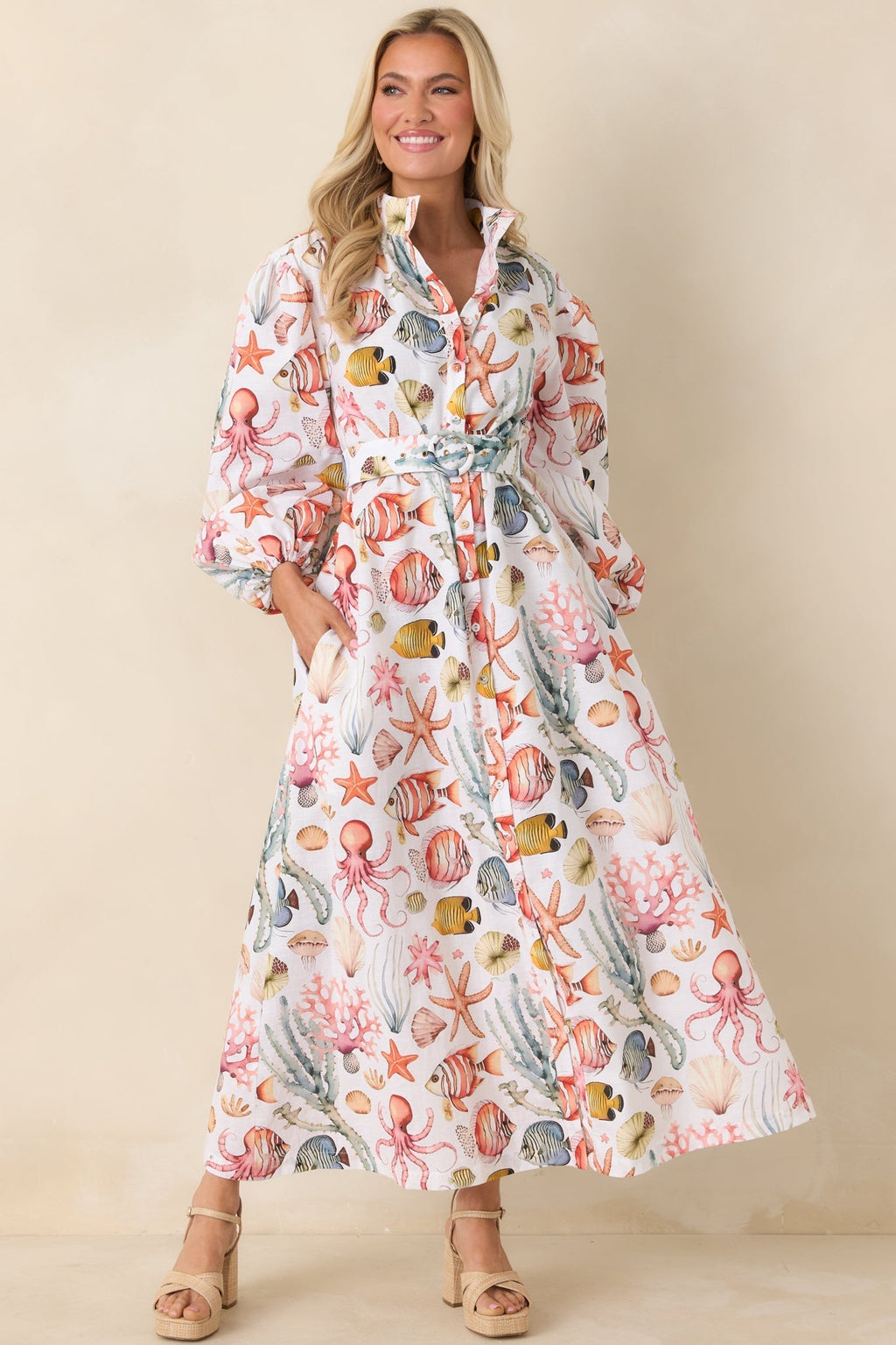 Women's Paradisa Anna Maria Multi Linen Coastal Print Maxi Dress | 55% Linen & 45% Cotton 6