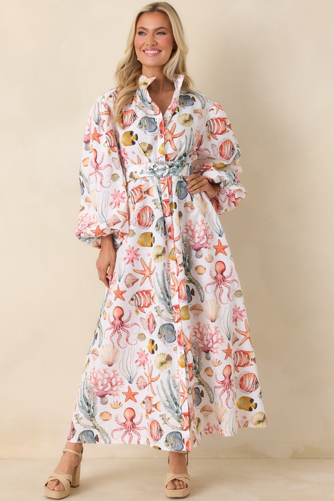 Women's Paradisa Anna Maria Multi Linen Coastal Print Maxi Dress | 55% Linen & 45% Cotton 7