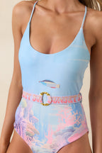 Women's Paradisa Aquaria Blue Multi Reef Print Belted One Piece Swimsuit | 85% Polyester & 15% Spandex 2