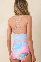 Women's Paradisa Aquaria Blue Multi Reef Print Belted One Piece Swimsuit | 85% Polyester & 15% Spandex 6