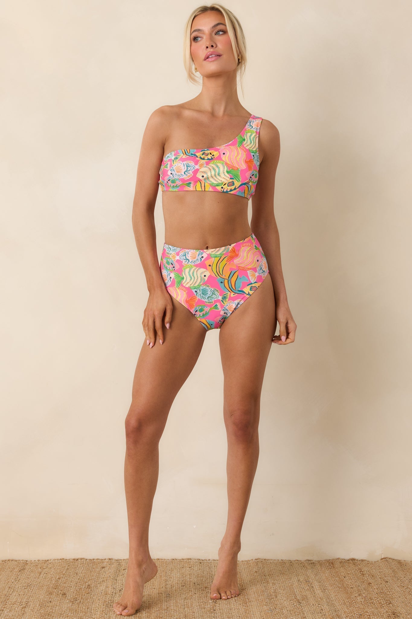 Women's Paradisa Breezie Pink Multi Fish Print High Waisted Bikini Bottoms | 85% Polyester & 15% Spandex 0