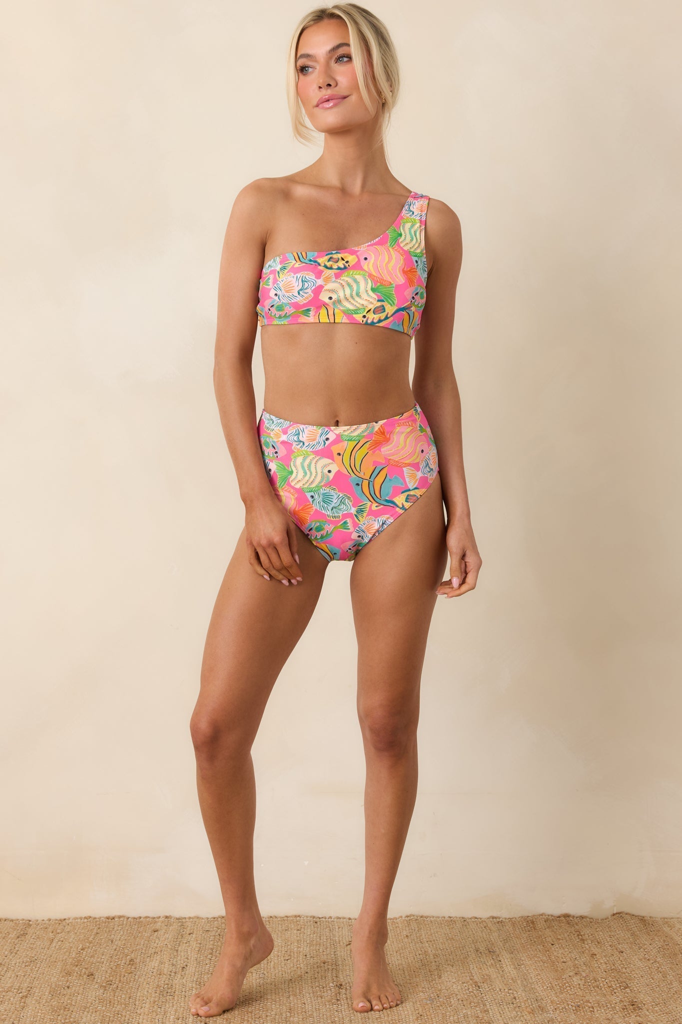 Women's Paradisa Breezie Pink Multi Fish Print High Waisted Bikini Bottoms | 85% Polyester & 15% Spandex 3