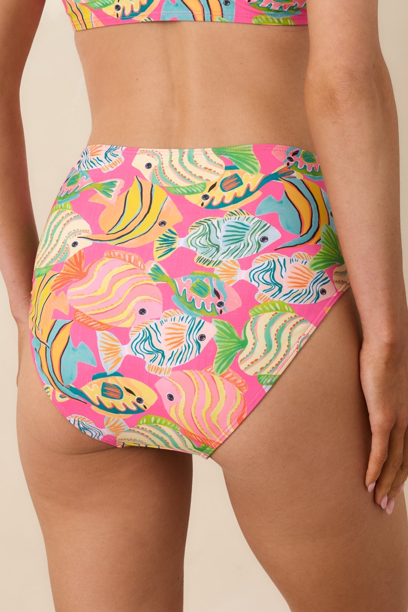 Women's Paradisa Breezie Pink Multi Fish Print High Waisted Bikini Bottoms | 85% Polyester & 15% Spandex 4