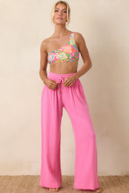 Women's Paradisa Breezie Pink Multi Fish Print One-Shoulder Bikini Top | 85% Polyester & 15% Spandex 1