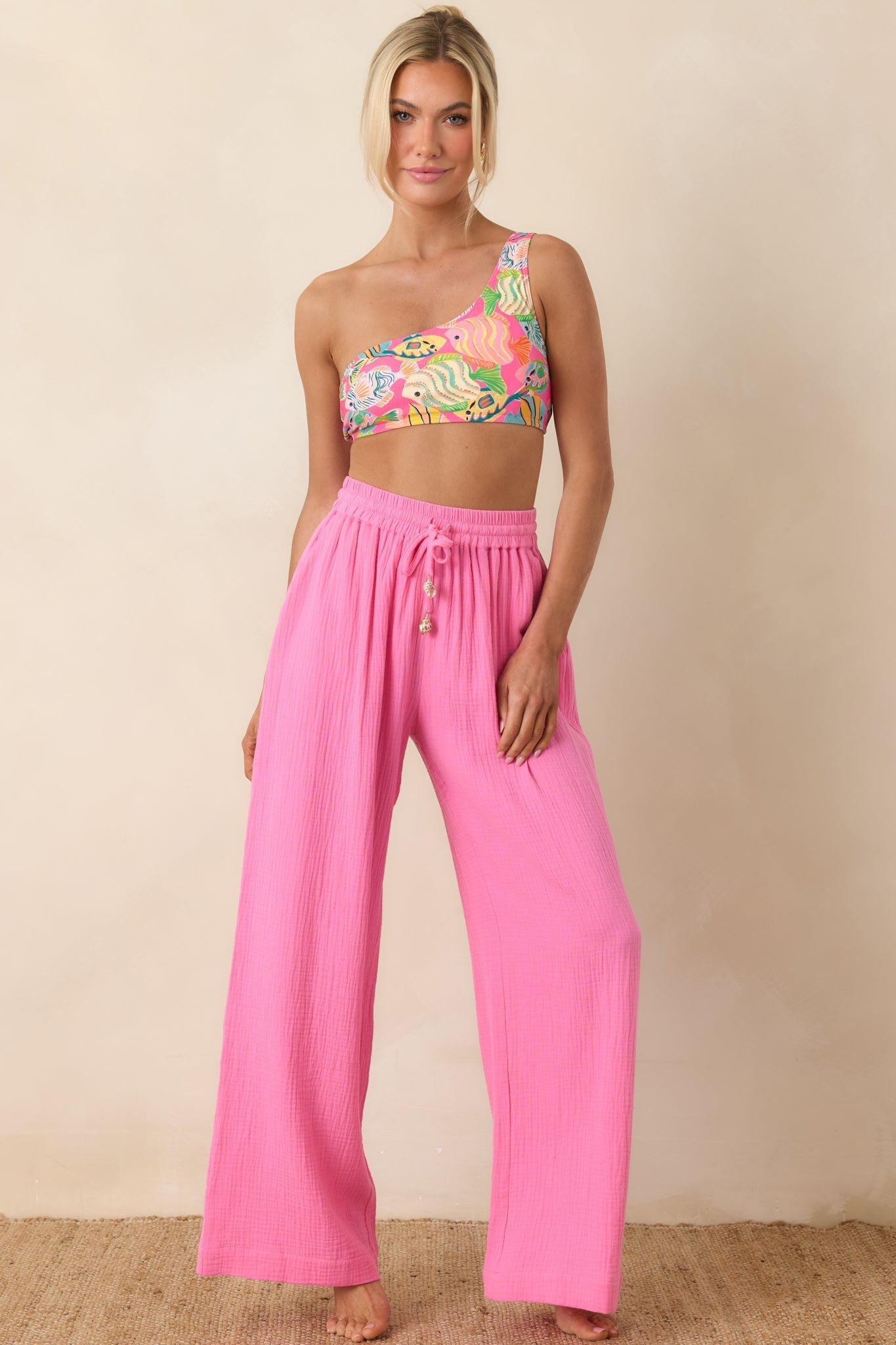 Women's Paradisa Breezie Pink Multi Fish Print One-Shoulder Bikini Top | 85% Polyester & 15% Spandex 2