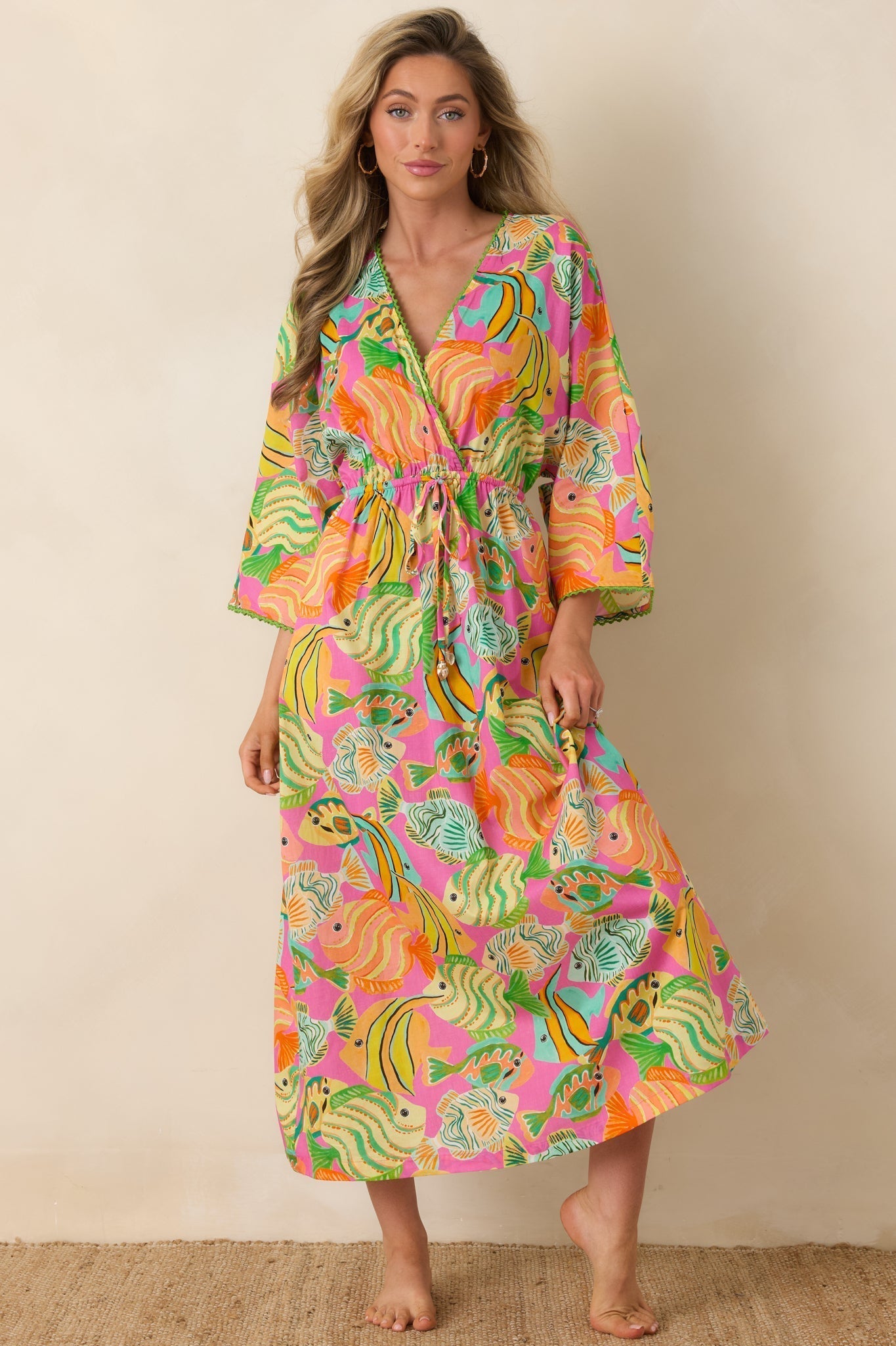 Women's Paradisa Cabana Pink Multi Cotton Fish Print Caftan Dress | 100% Cotton 0