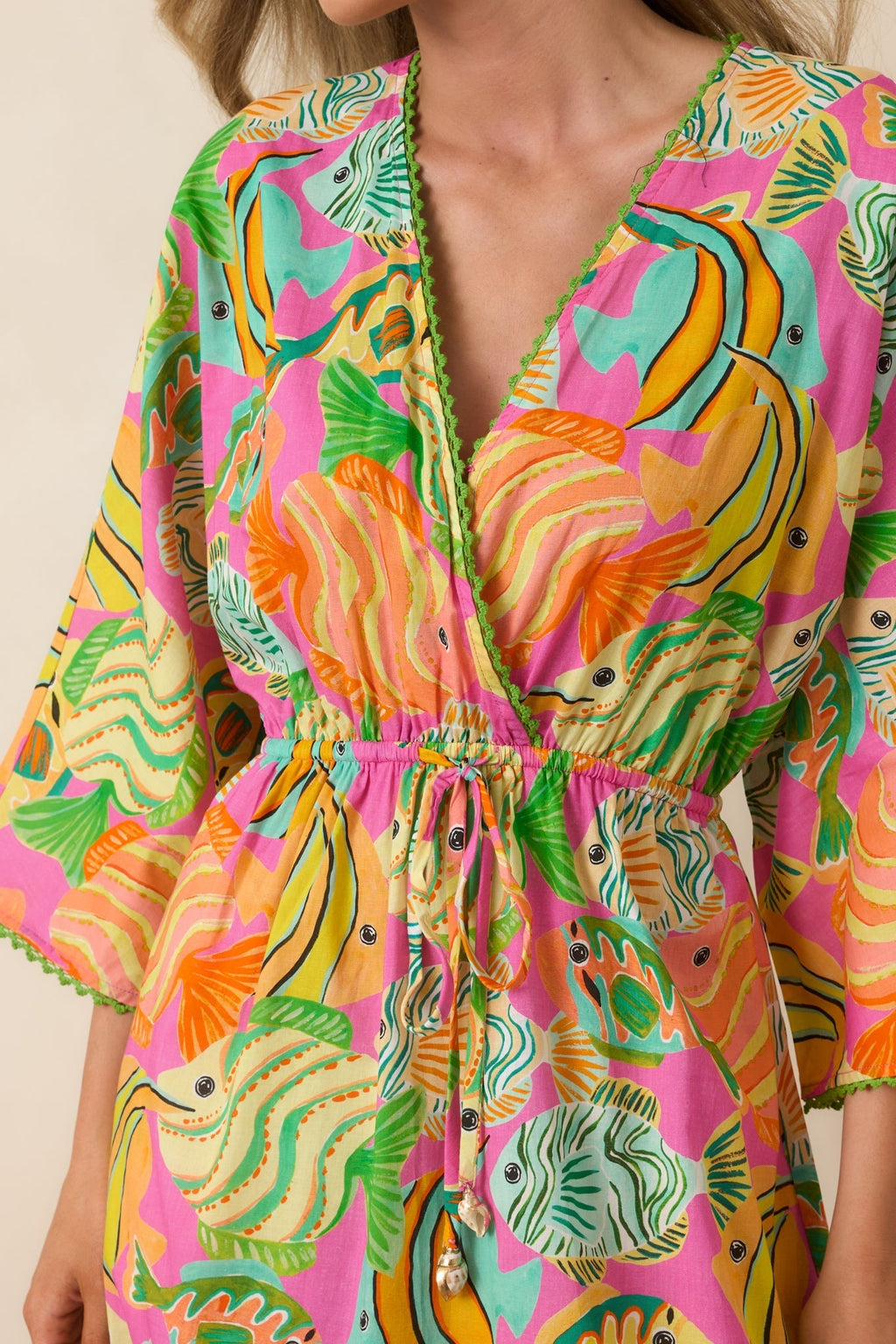 Women's Paradisa Cabana Pink Multi Cotton Fish Print Caftan Dress | 100% Cotton 1