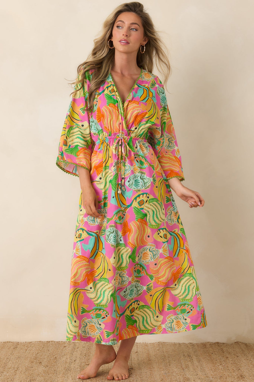 Women's Paradisa Cabana Pink Multi Cotton Fish Print Caftan Dress | 100% Cotton 2