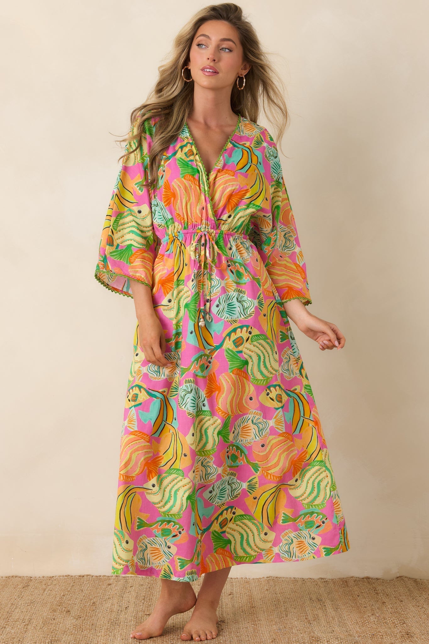 Women's Paradisa Cabana Pink Multi Cotton Fish Print Caftan Dress | 100% Cotton 2
