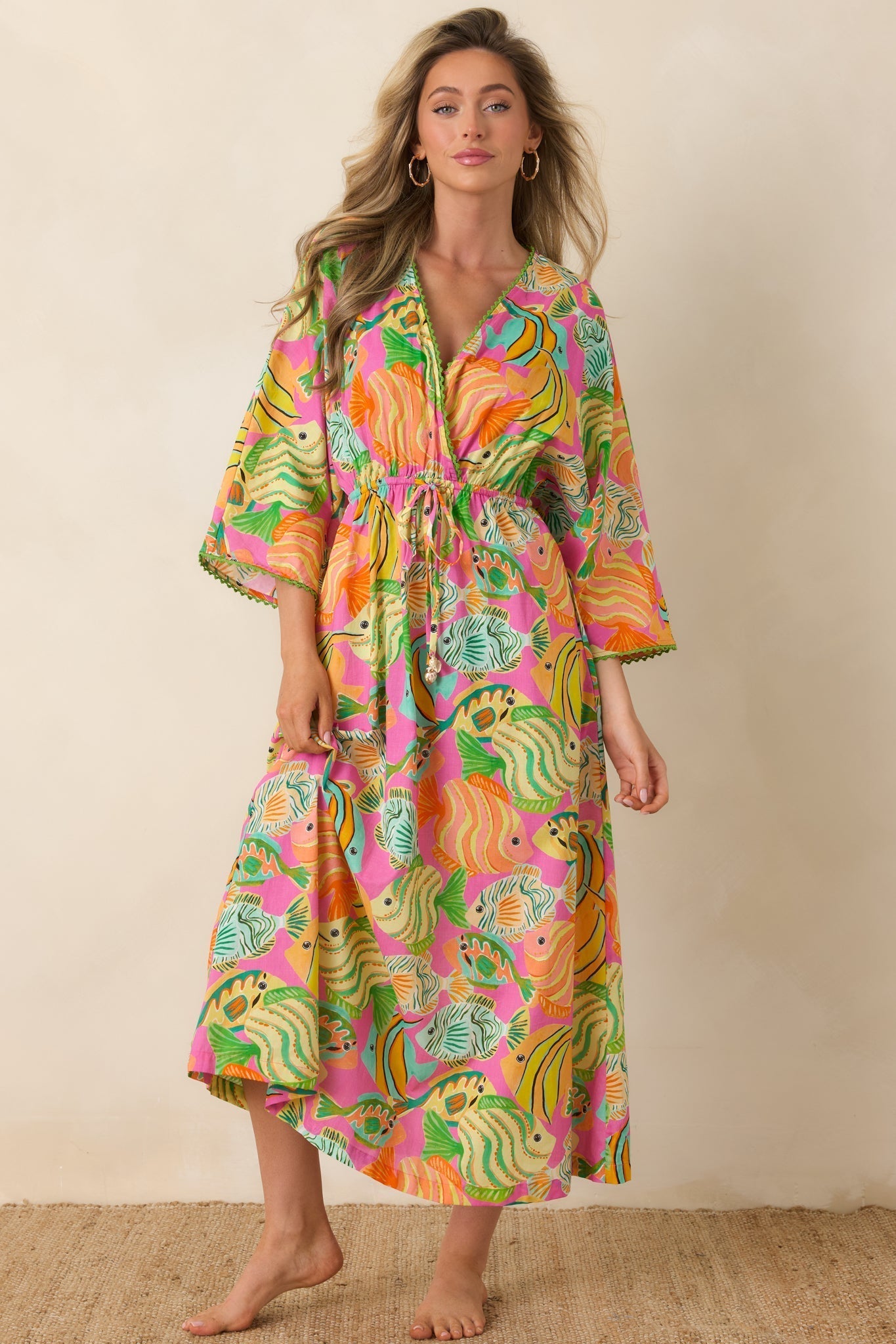 Women's Paradisa Cabana Pink Multi Cotton Fish Print Caftan Dress | 100% Cotton 3