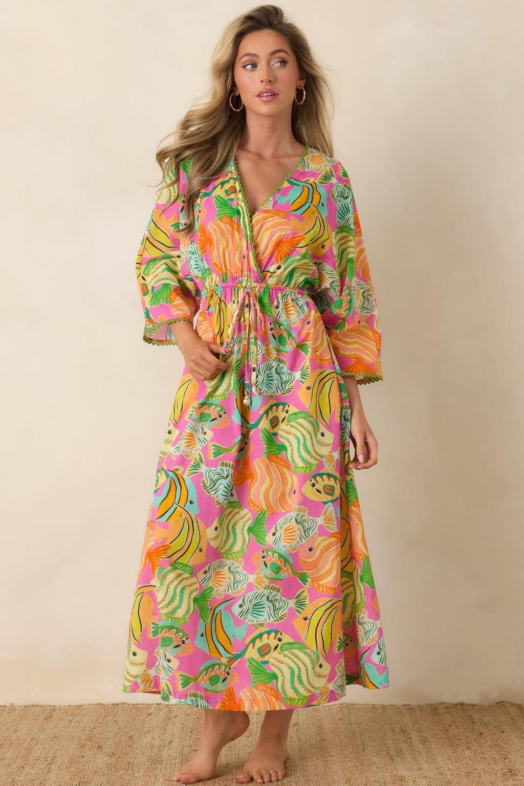 Women's Paradisa Cabana Pink Multi Cotton Fish Print Caftan Dress | 100% Cotton 4