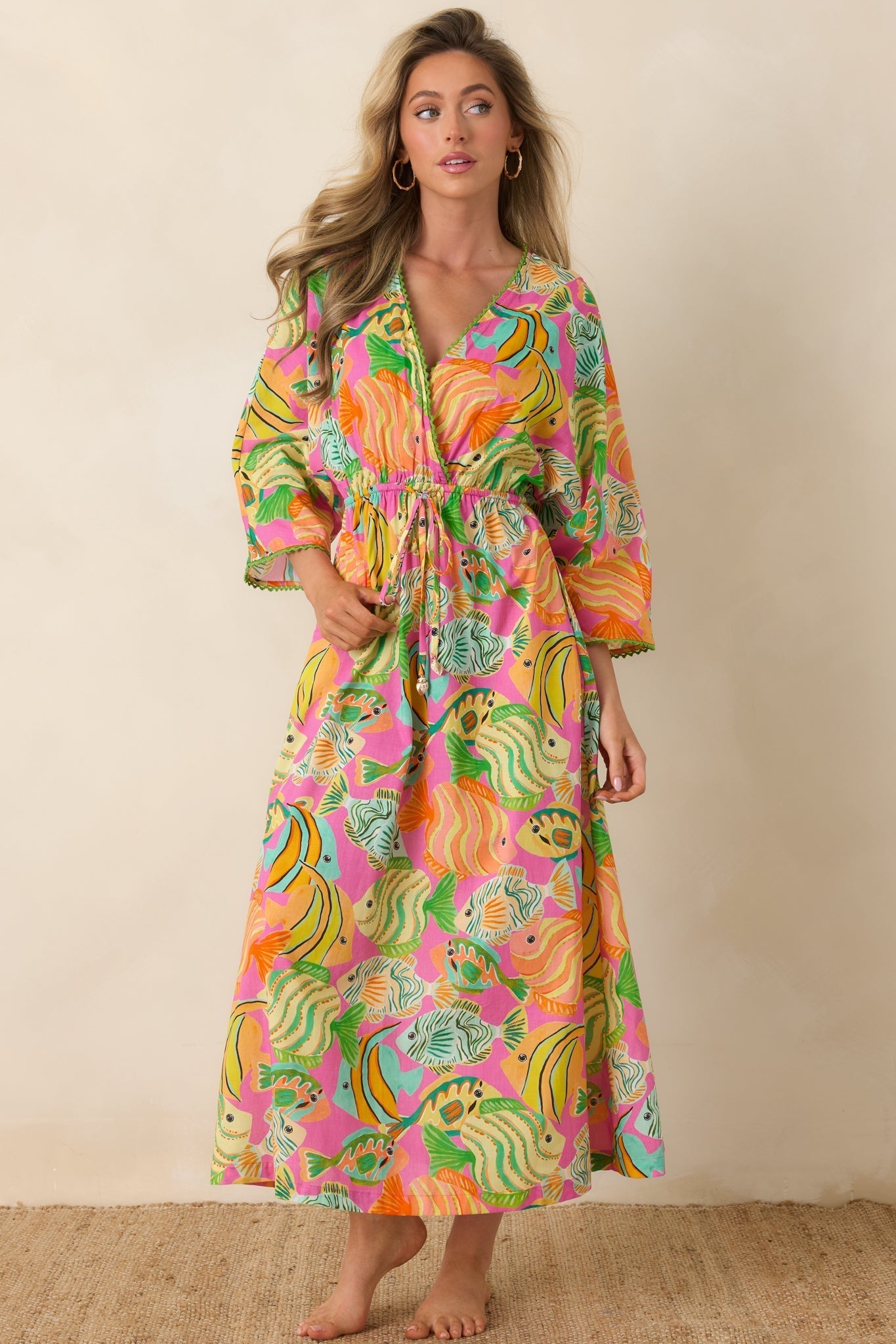 Women's Paradisa Cabana Pink Multi Cotton Fish Print Caftan Dress | 100% Cotton 4