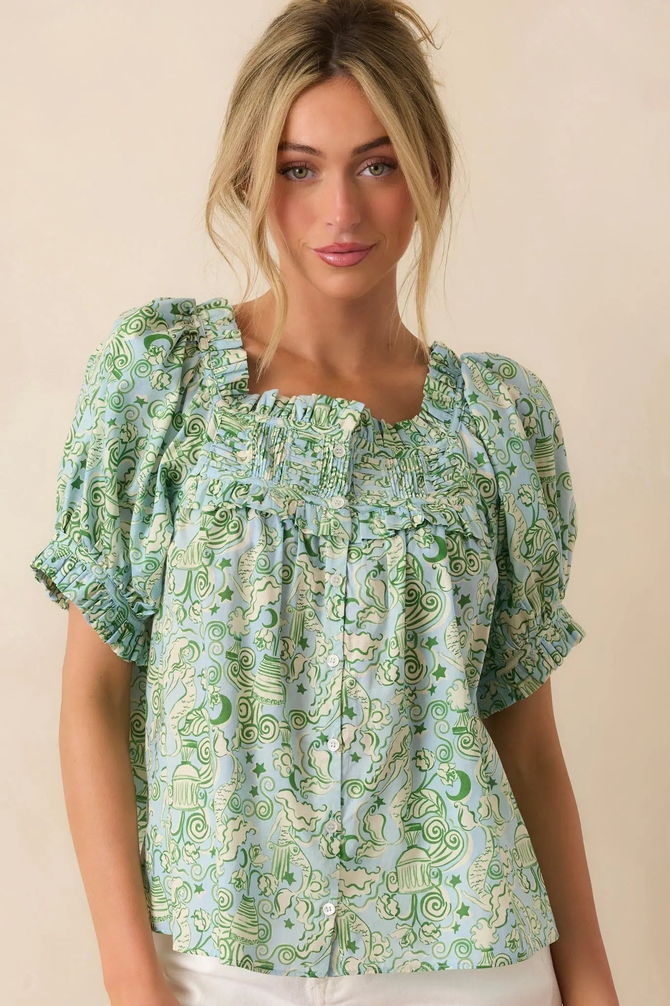 Women's Paradisa Clearwater Seaglass Green Cotton Puff Sleeve Blouse | 100% Cotton 0