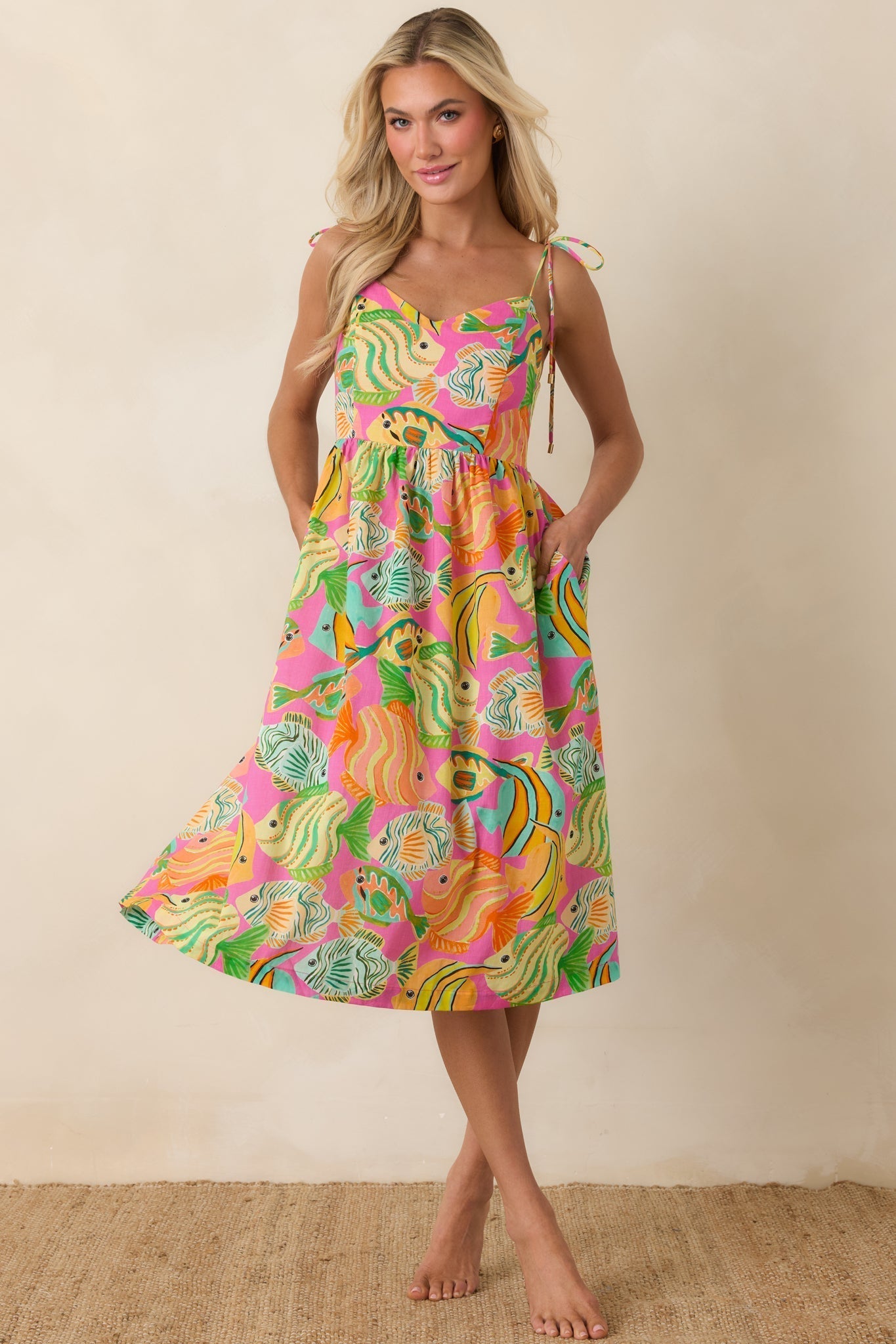 Women's Paradisa Edgewater Pink Multi Cotton Fish Print Midi Dress | 100% Cotton 0