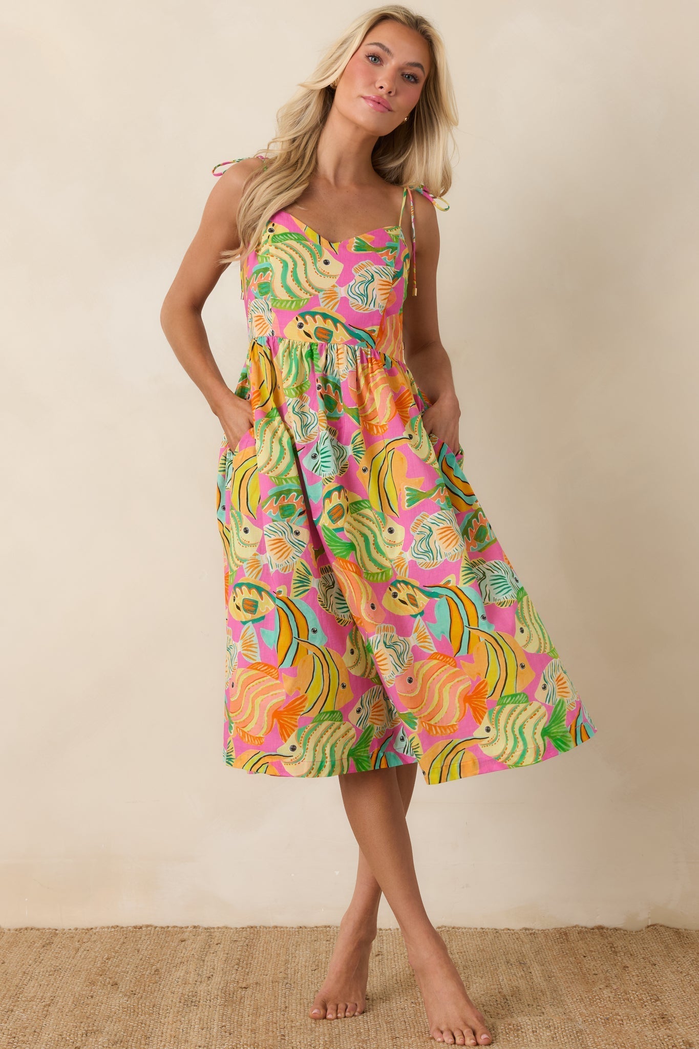Women's Paradisa Edgewater Pink Multi Cotton Fish Print Midi Dress | 100% Cotton 2