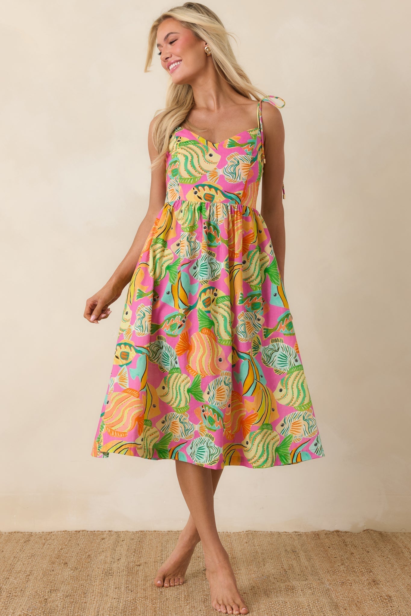 Women's Paradisa Edgewater Pink Multi Cotton Fish Print Midi Dress | 100% Cotton 3