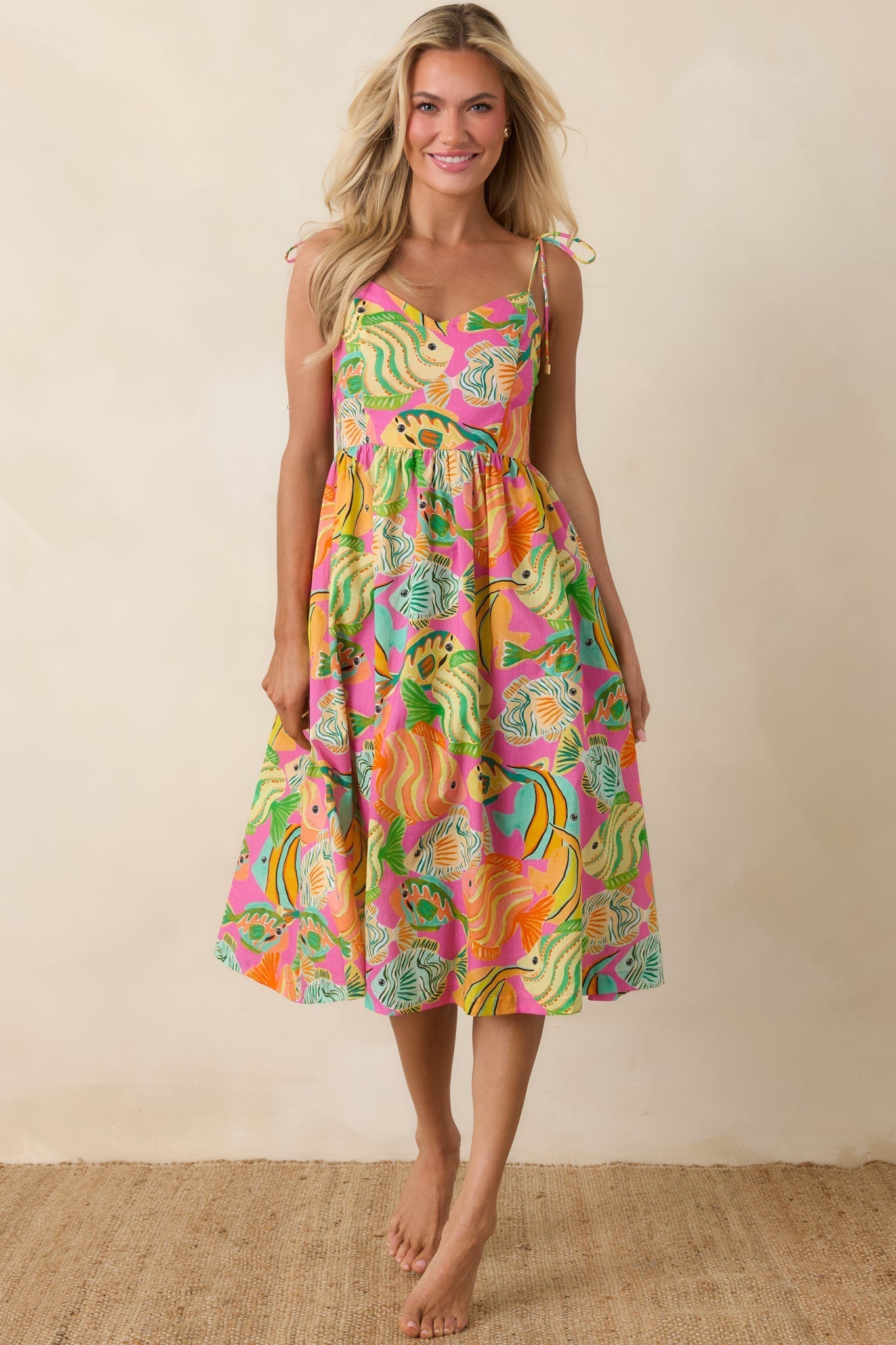 Women's Paradisa Edgewater Pink Multi Cotton Fish Print Midi Dress | 100% Cotton 5