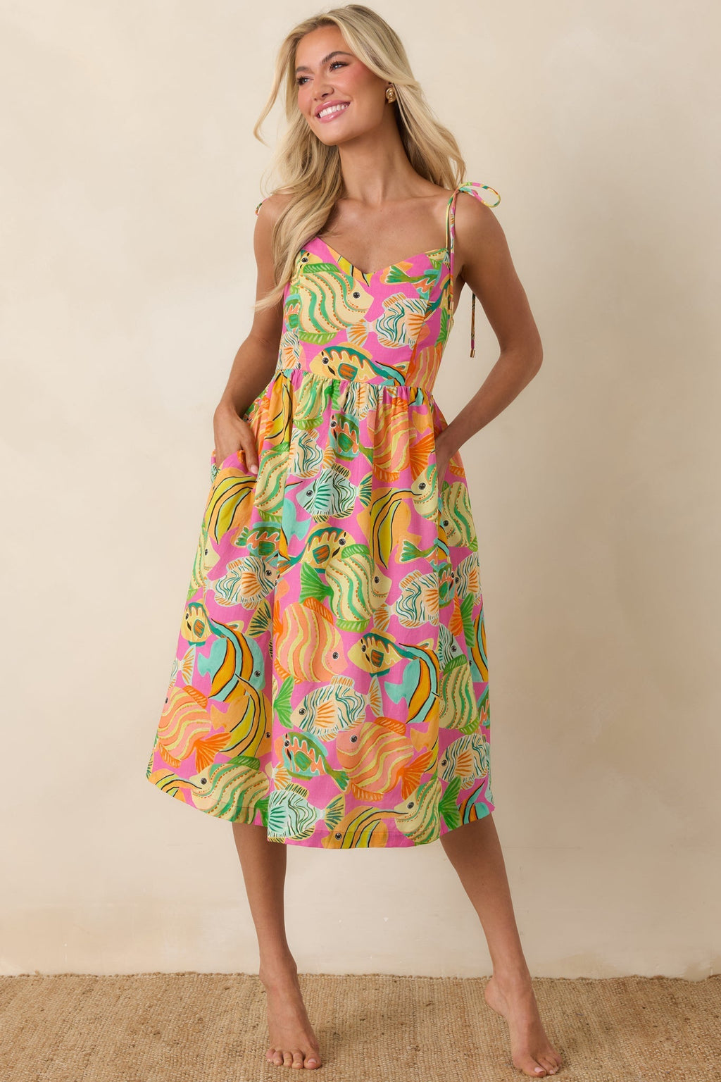 Women's Paradisa Edgewater Pink Multi Cotton Fish Print Midi Dress | 100% Cotton 6