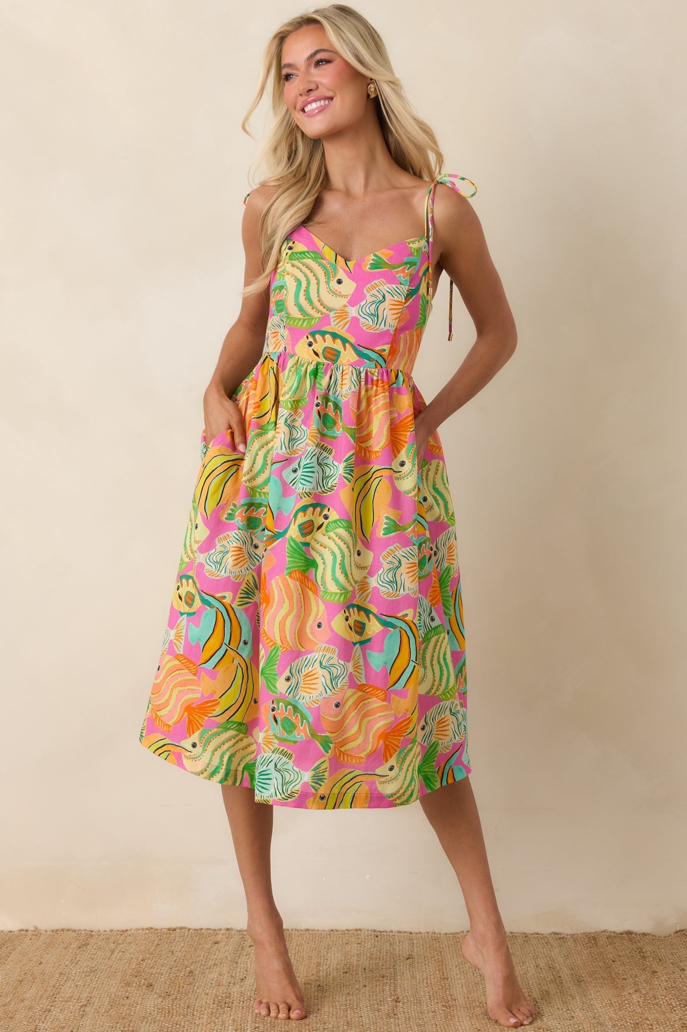 Women's Paradisa Edgewater Pink Multi Cotton Fish Print Midi Dress | 100% Cotton 6