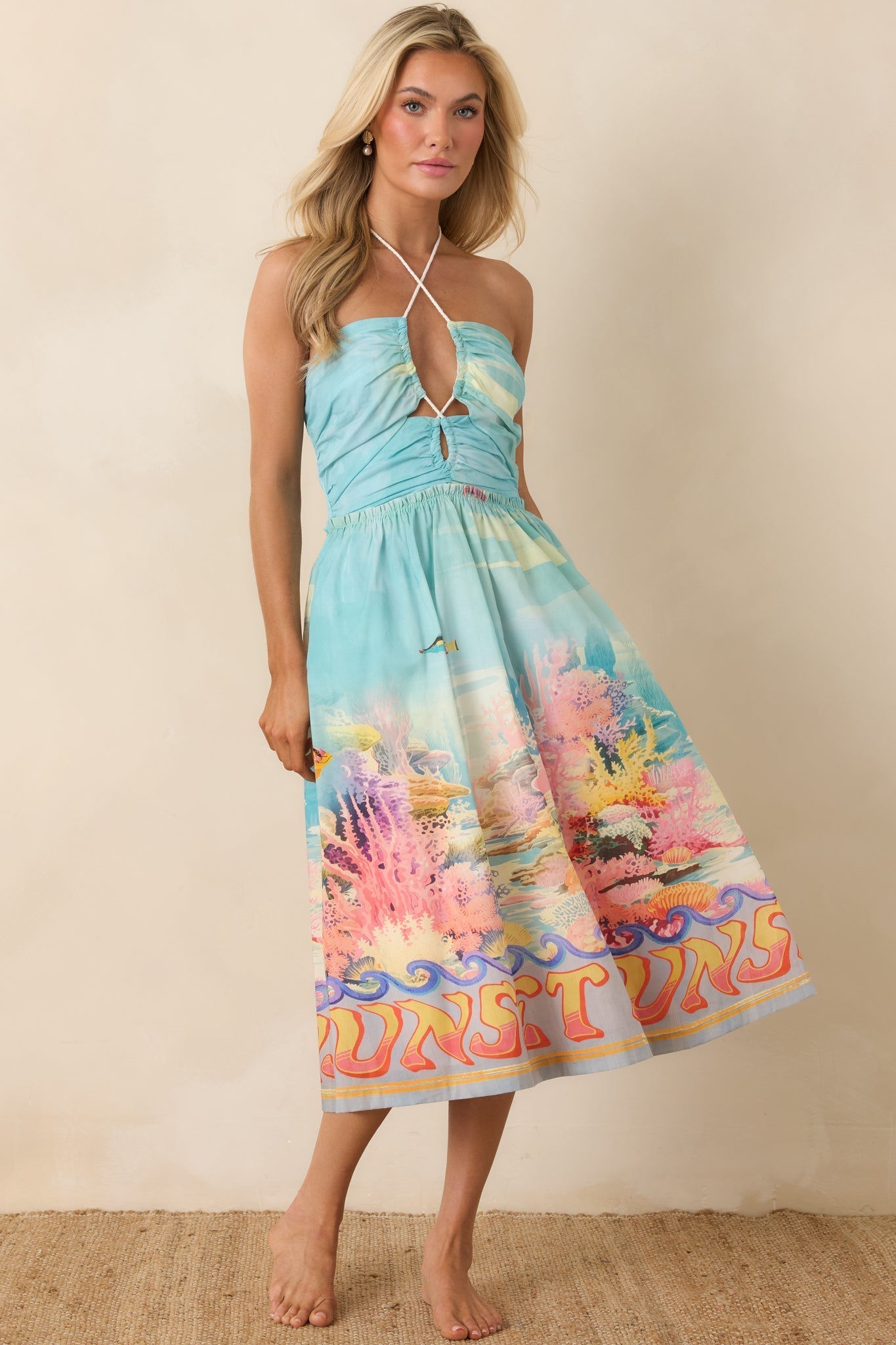 Women's Paradisa Fernandina Blue Multi Cotton Reef Print Midi Dress | 100% Cotton 3