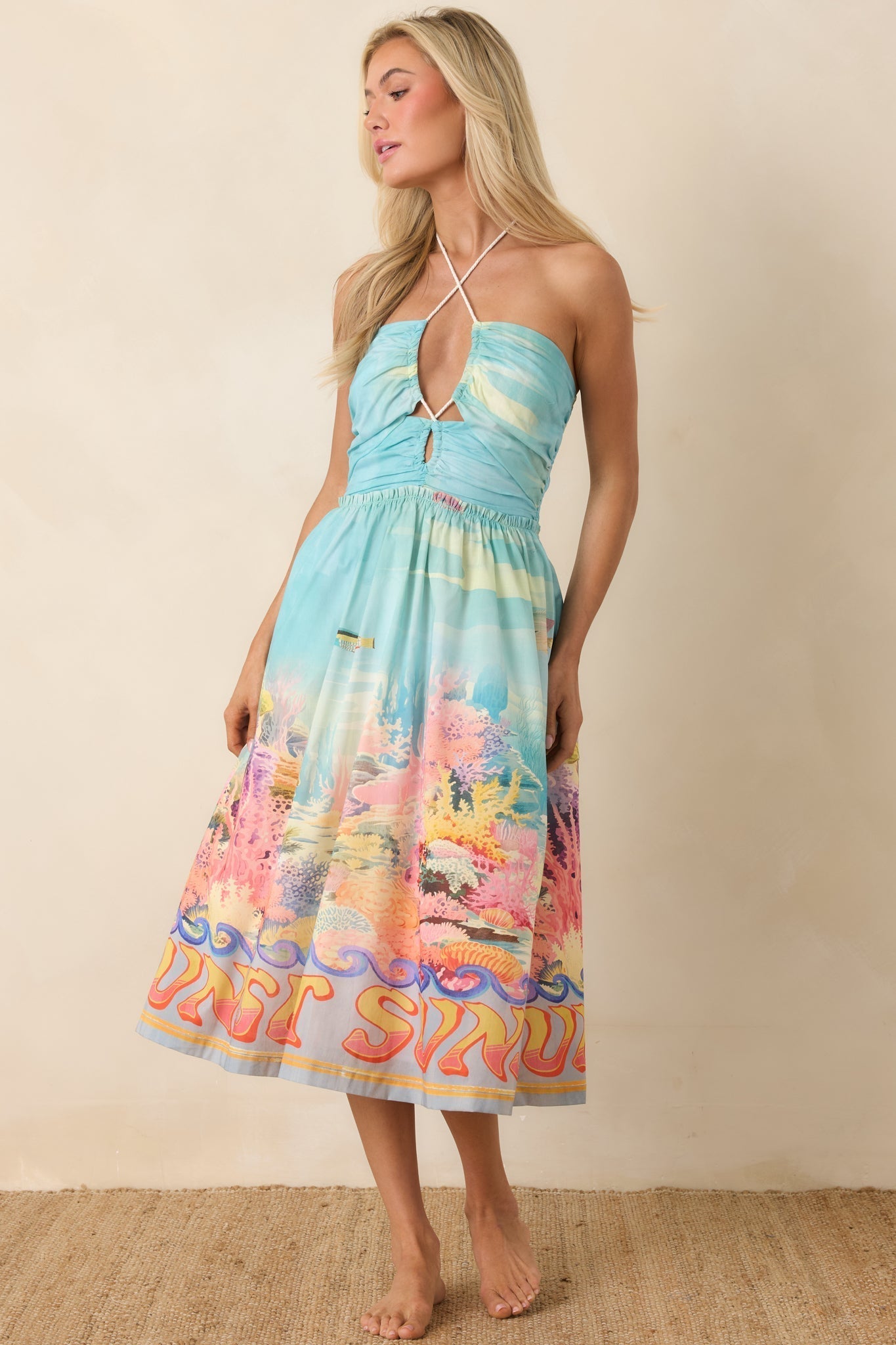 Women's Paradisa Fernandina Blue Multi Cotton Reef Print Midi Dress | 100% Cotton 4