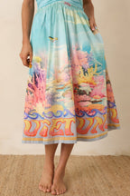 Women's Paradisa Fernandina Blue Multi Cotton Reef Print Midi Dress | 100% Cotton 5