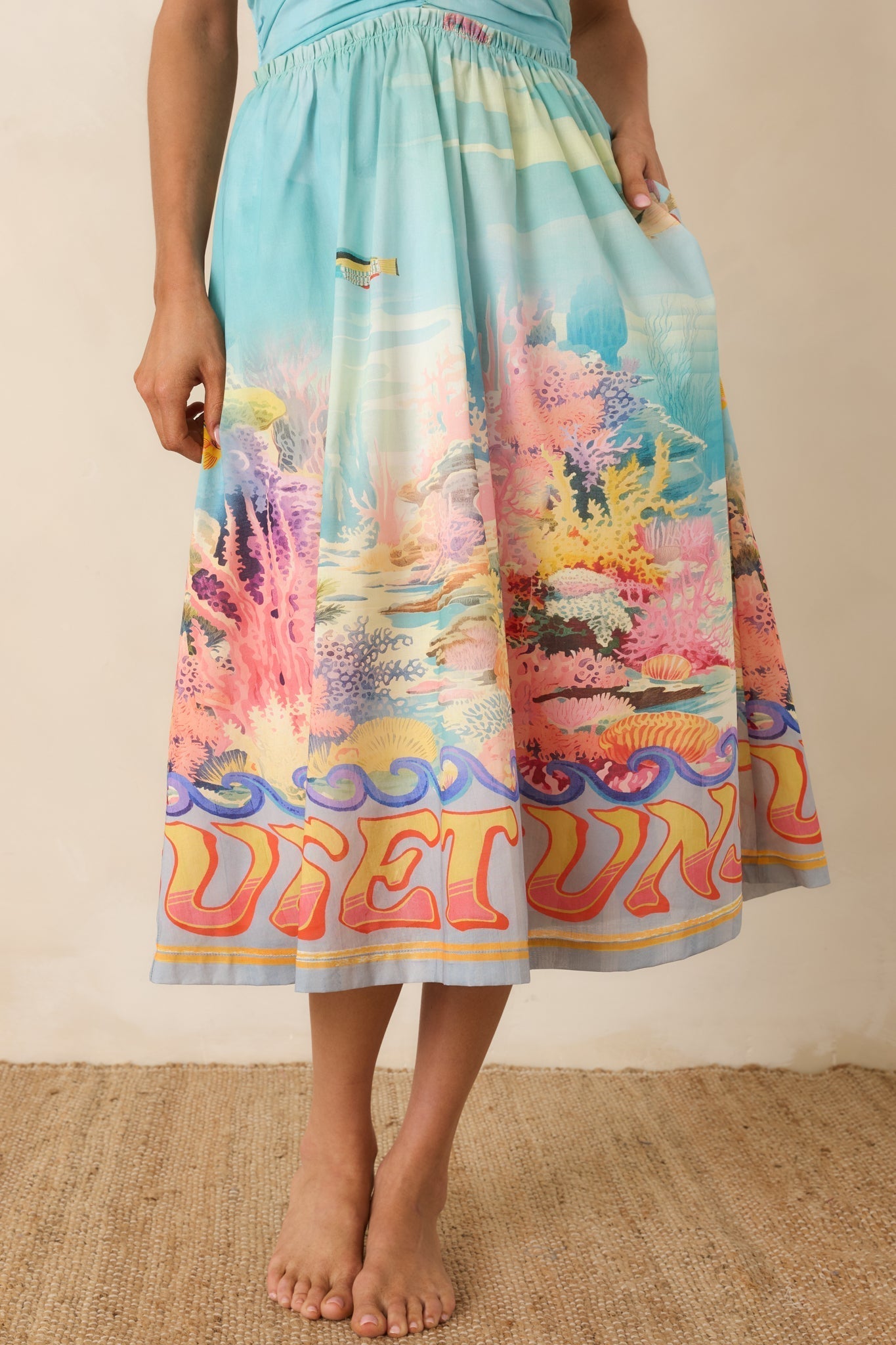 Women's Paradisa Fernandina Blue Multi Cotton Reef Print Midi Dress | 100% Cotton 5