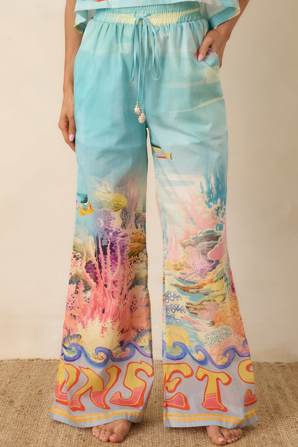 Women's Paradisa Gulf Coast Blue Multi Cotton Reef Print Pants | 100% Cotton 0
