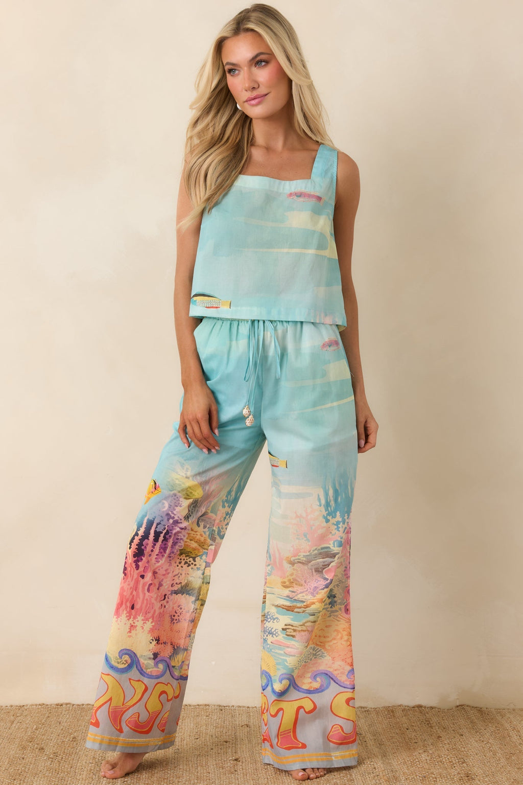 Women's Paradisa Gulf Coast Blue Multi Cotton Reef Print Pants | 100% Cotton 3