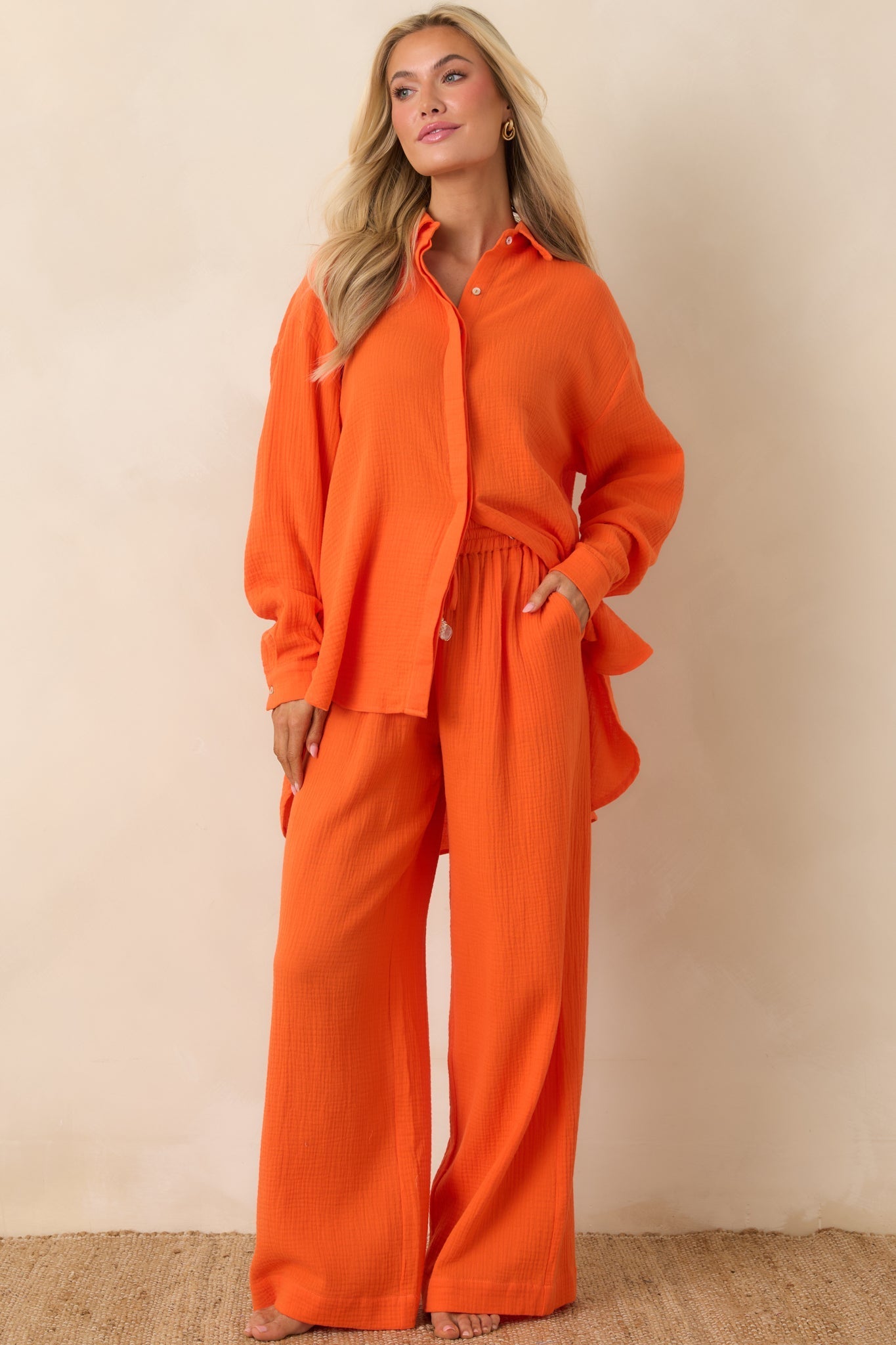 Women's Paradisa Naples Orange Cotton Button-Up Top | 100% Cotton 2