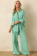 Women's Paradisa Naples Seaglass Green Cotton Button-Up Top | 100% Cotton 1