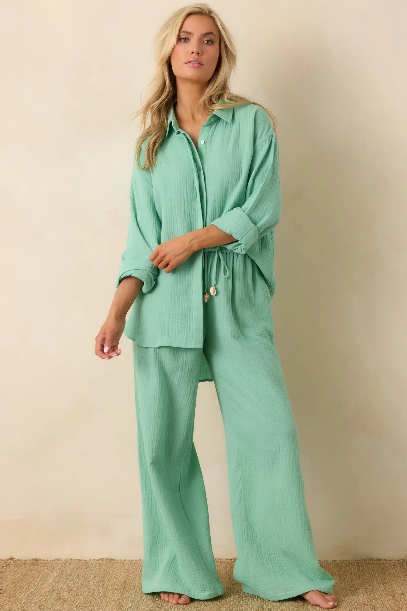 Women's Paradisa Naples Seaglass Green Cotton Button-Up Top | 100% Cotton 1