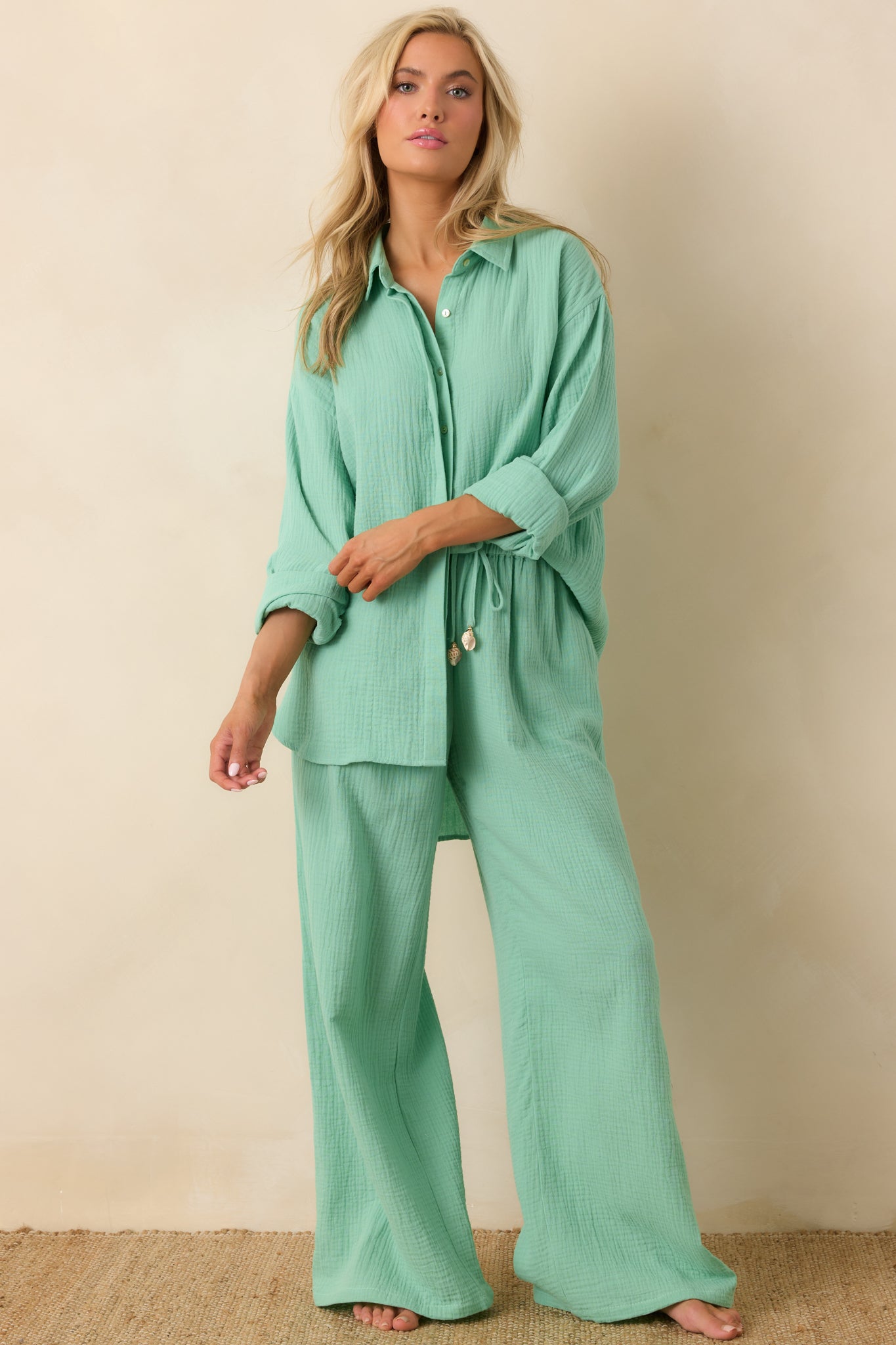 Women's Paradisa Naples Seaglass Green Cotton Button-Up Top | 100% Cotton 1