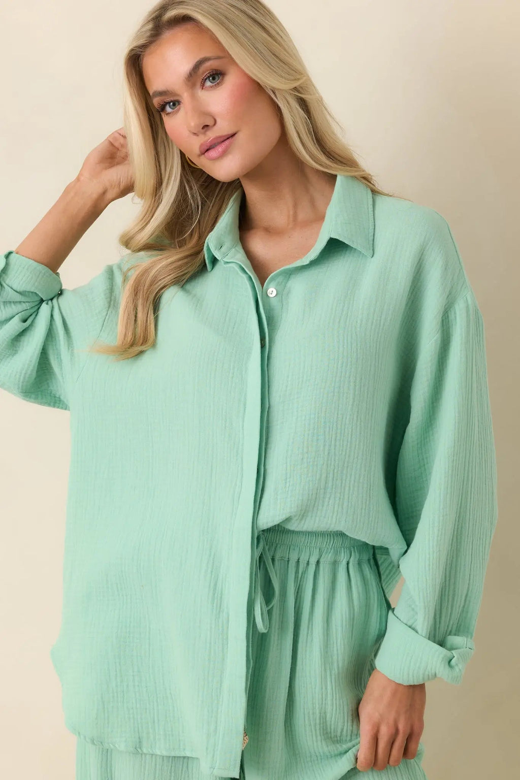Women's Paradisa Naples Seaglass Green Cotton Button-Up Top | 100% Cotton 6