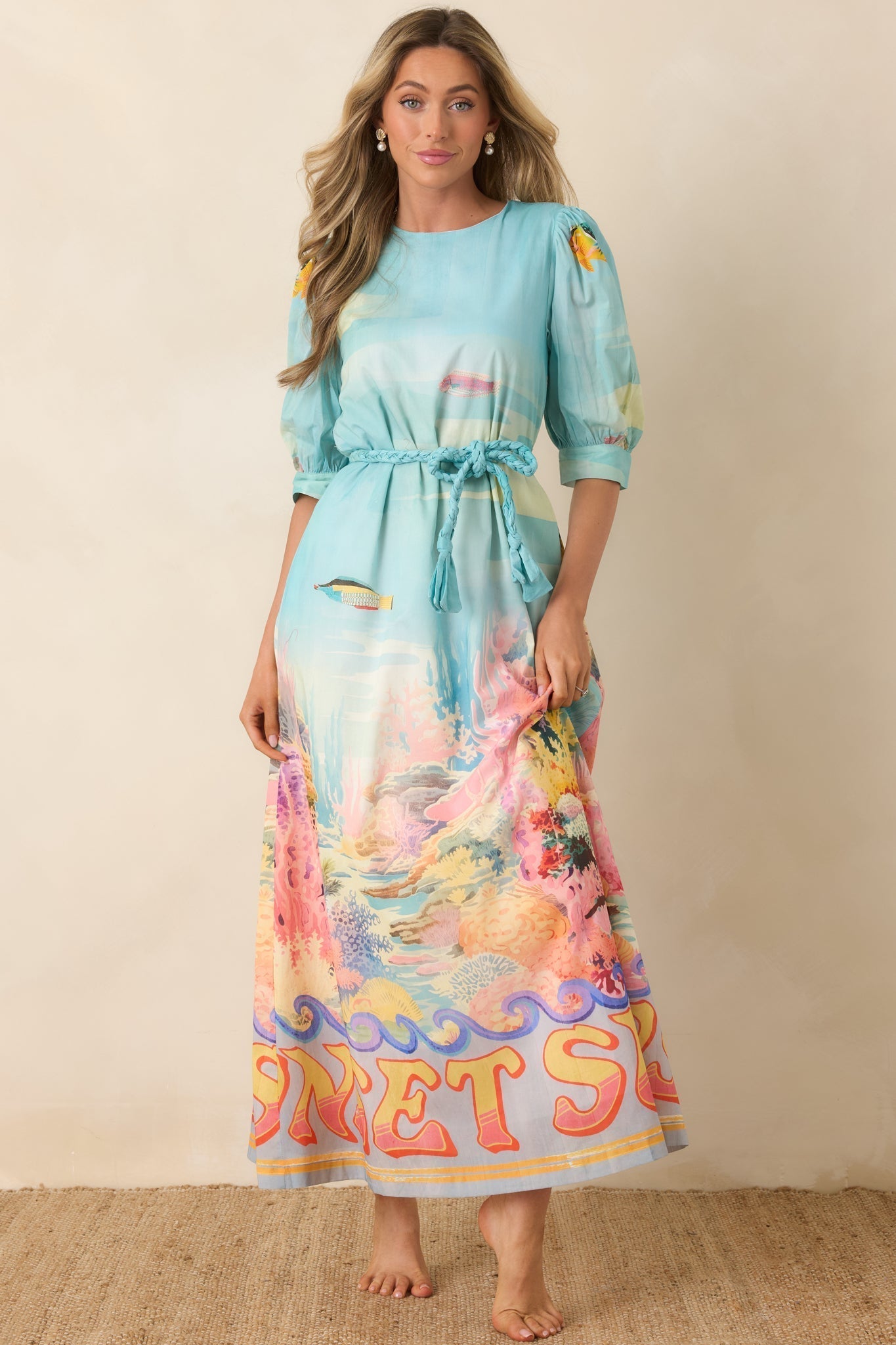 Women's Paradisa Ponte Vedra Blue Multi Cotton Reef Print Maxi Dress | 100% Cotton 1