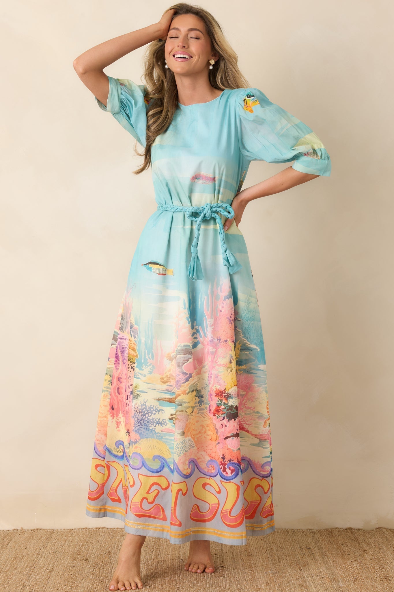 Women's Paradisa Ponte Vedra Blue Multi Cotton Reef Print Maxi Dress | 100% Cotton 6