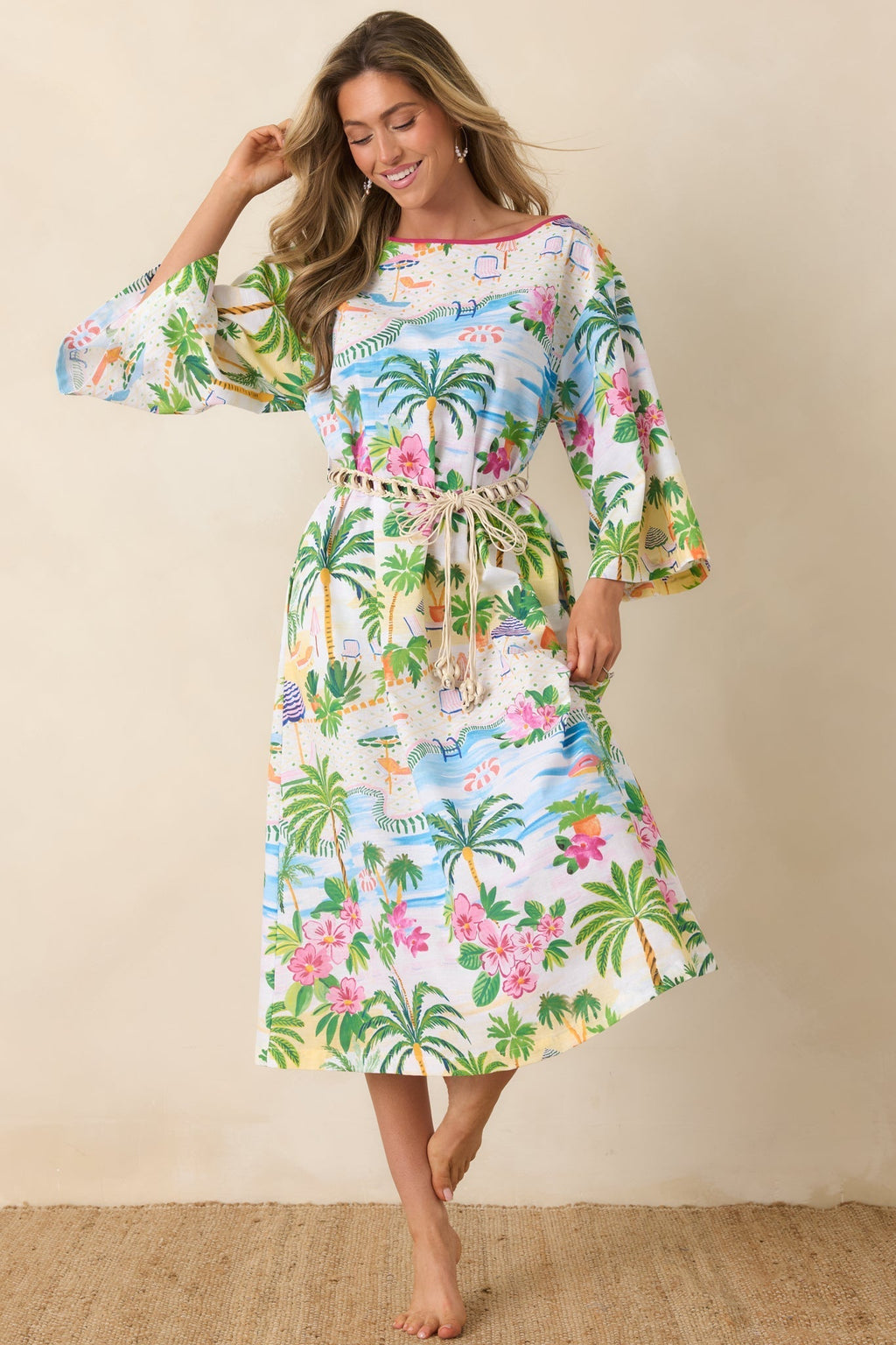 Women's Paradisa Sarasota Pink Multi Cotton Linen Poolside Print Caftan Dress | 55% Linen & 45% Cotton 0