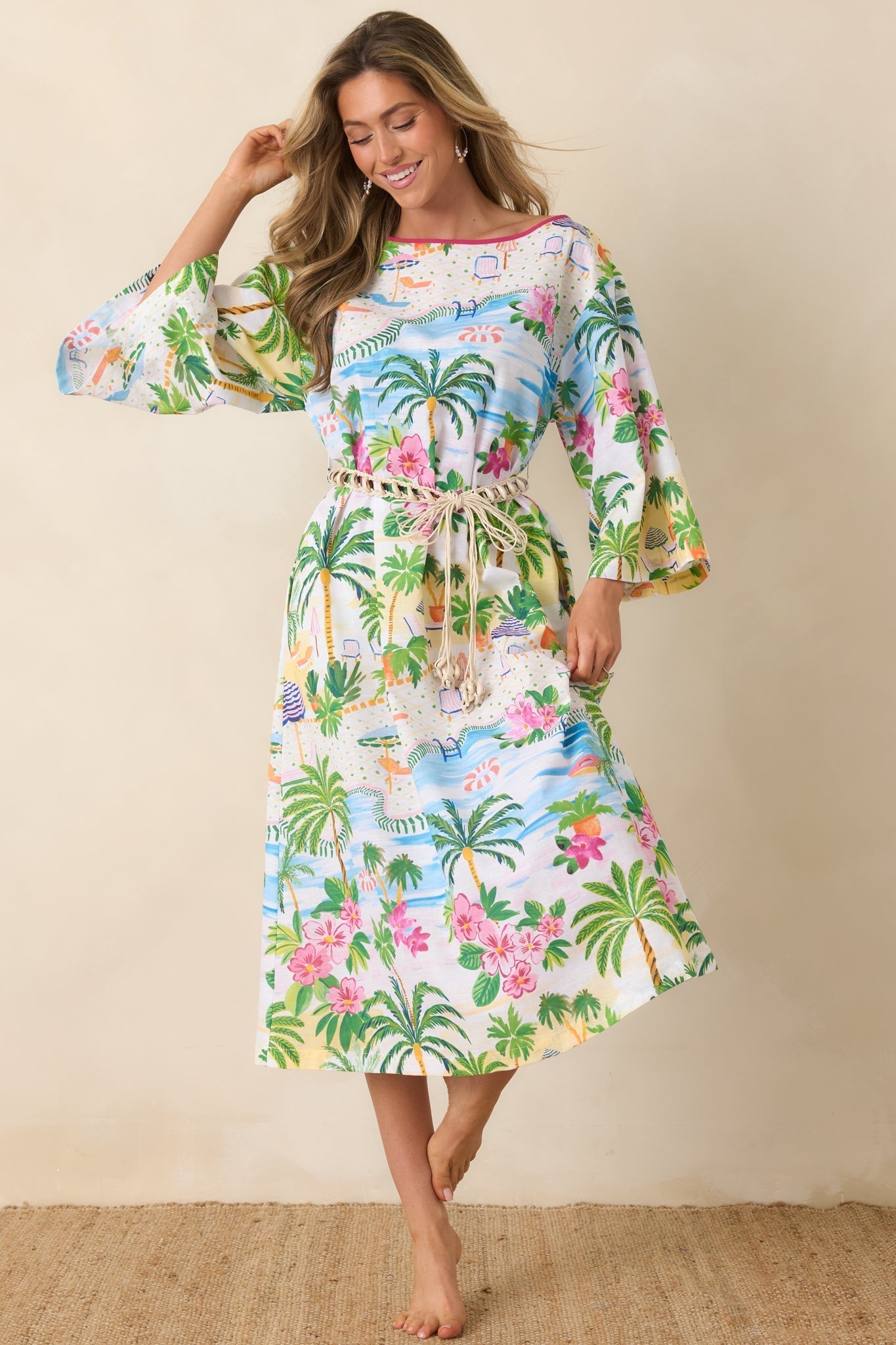 Women's Paradisa Sarasota Pink Multi Cotton Linen Poolside Print Caftan Dress | 55% Linen & 45% Cotton 0