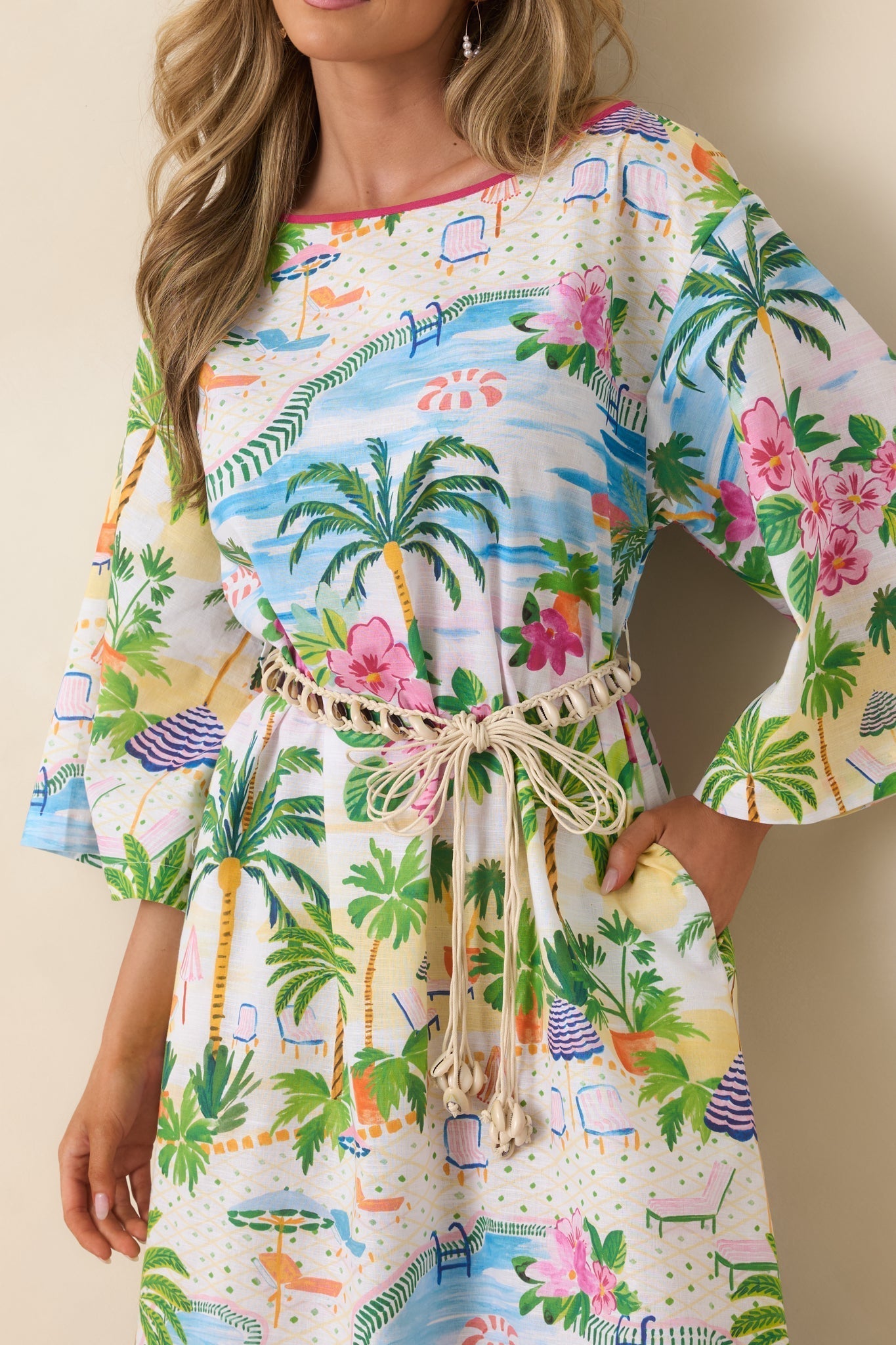 Women's Paradisa Sarasota Pink Multi Cotton Linen Poolside Print Caftan Dress | 55% Linen & 45% Cotton 1