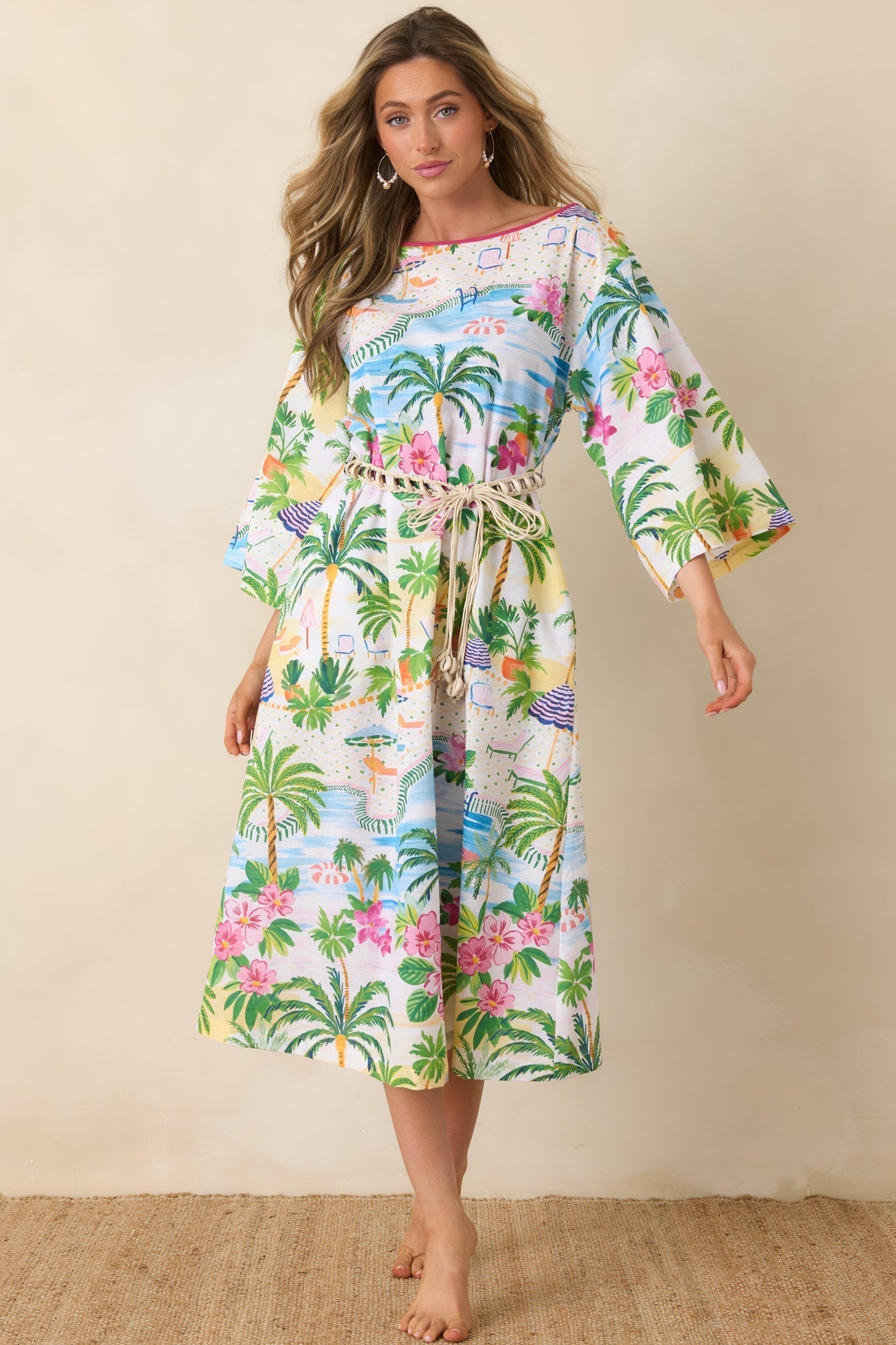 Women's Paradisa Sarasota Pink Multi Cotton Linen Poolside Print Caftan Dress | 55% Linen & 45% Cotton 3