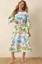 Women's Paradisa Sarasota Pink Multi Cotton Linen Poolside Print Caftan Dress | 55% Linen & 45% Cotton 4