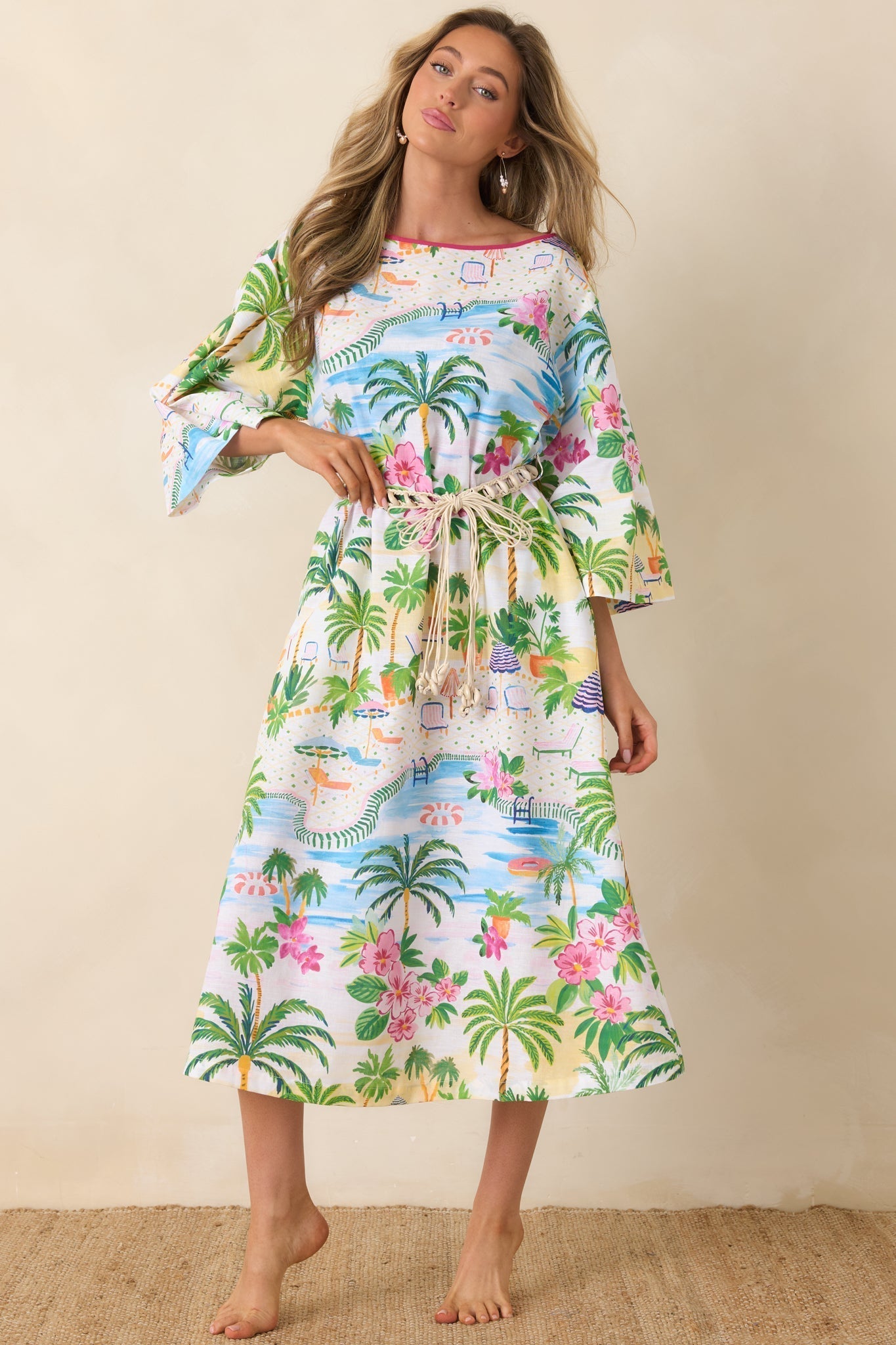 Women's Paradisa Sarasota Pink Multi Cotton Linen Poolside Print Caftan Dress | 55% Linen & 45% Cotton 4